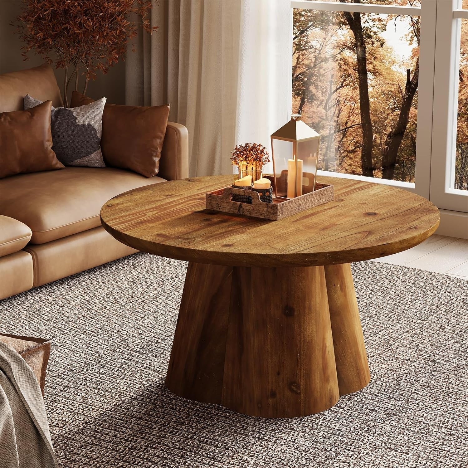 Round Solid Wood Coffee Tables For Living Room 31.5 Inch Modern Center Table With Robust Hollow Base