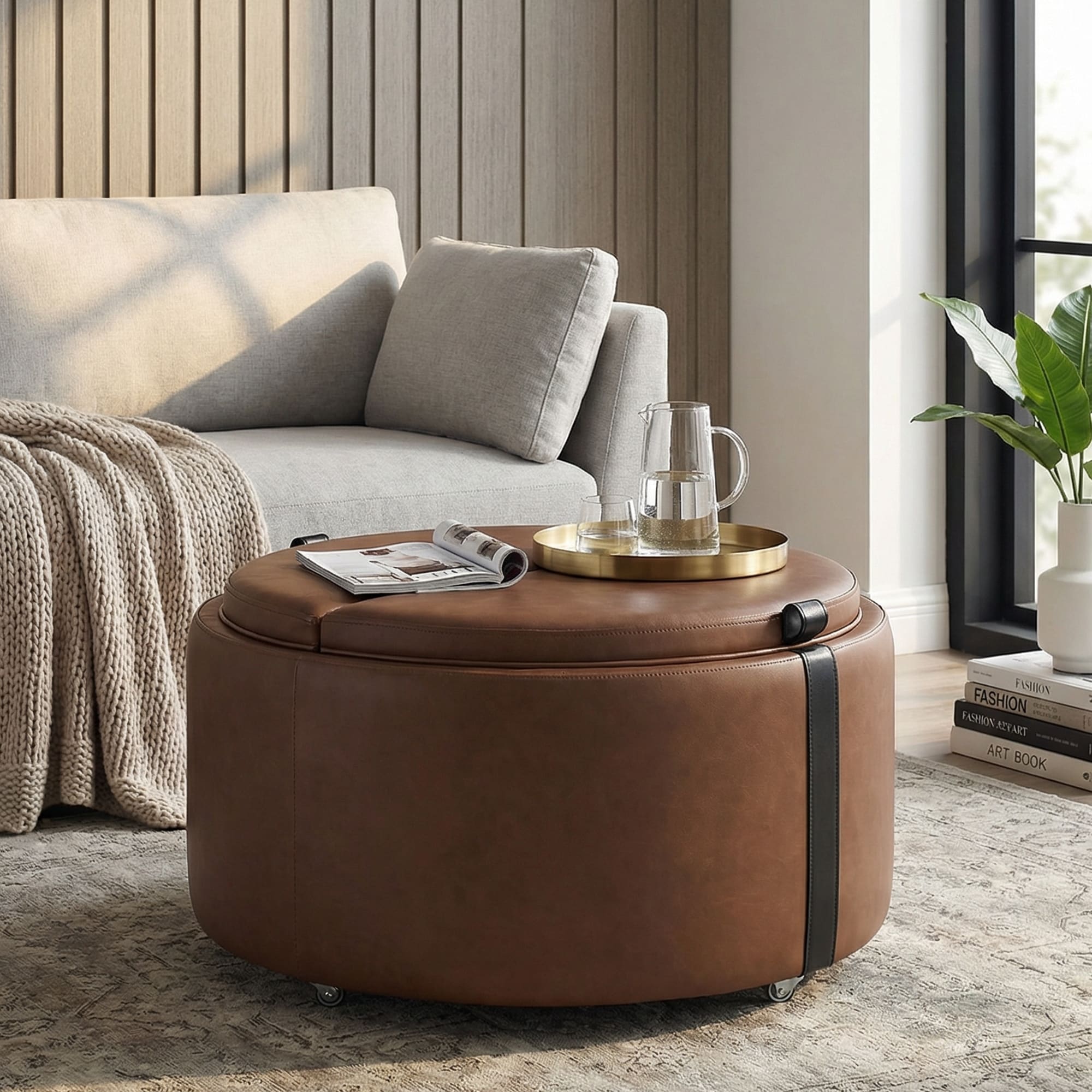 Round Storage Ottoman With Caster Wheels Dual Reversible Half Moon Lids By Harper Bright Designs