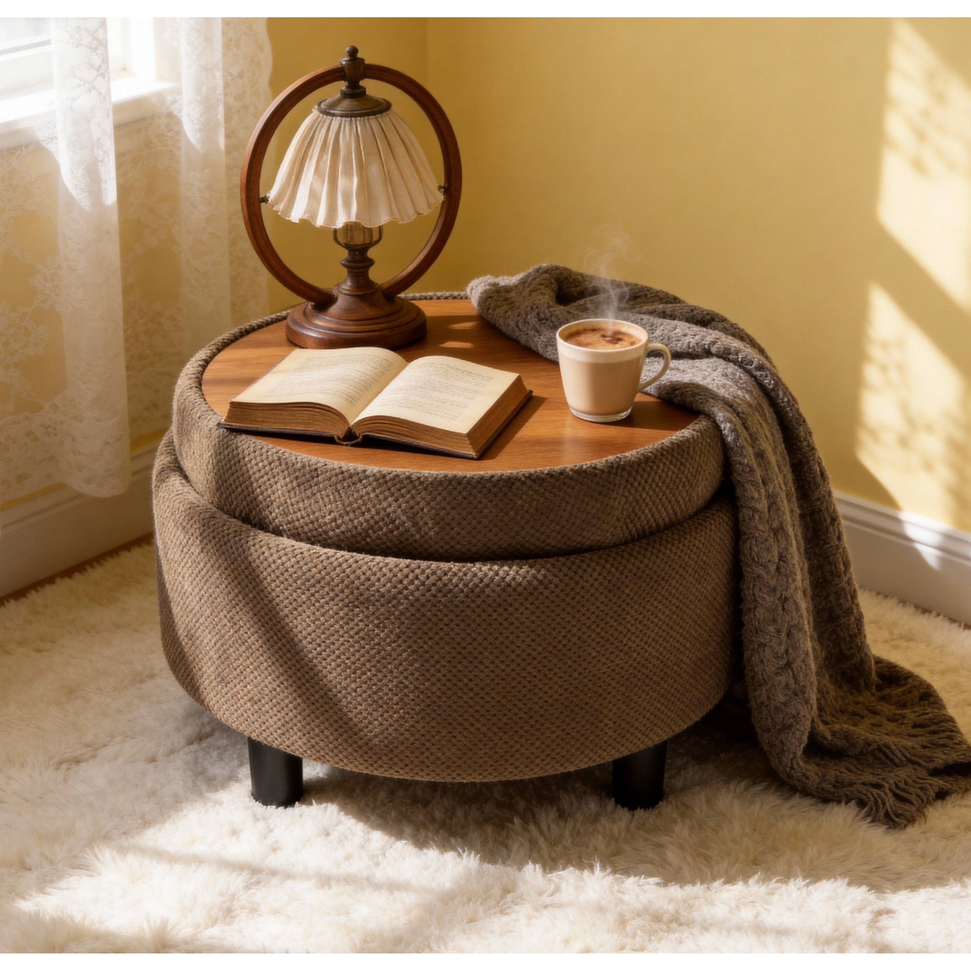 Round Storage Ottoman With Lift Off Tray And Upholstered Fabric