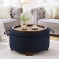 Round Storage Ottoman With Reversible Lid Boucle Fabric Upholstered Footstool Dual Purpose Seat Side Table