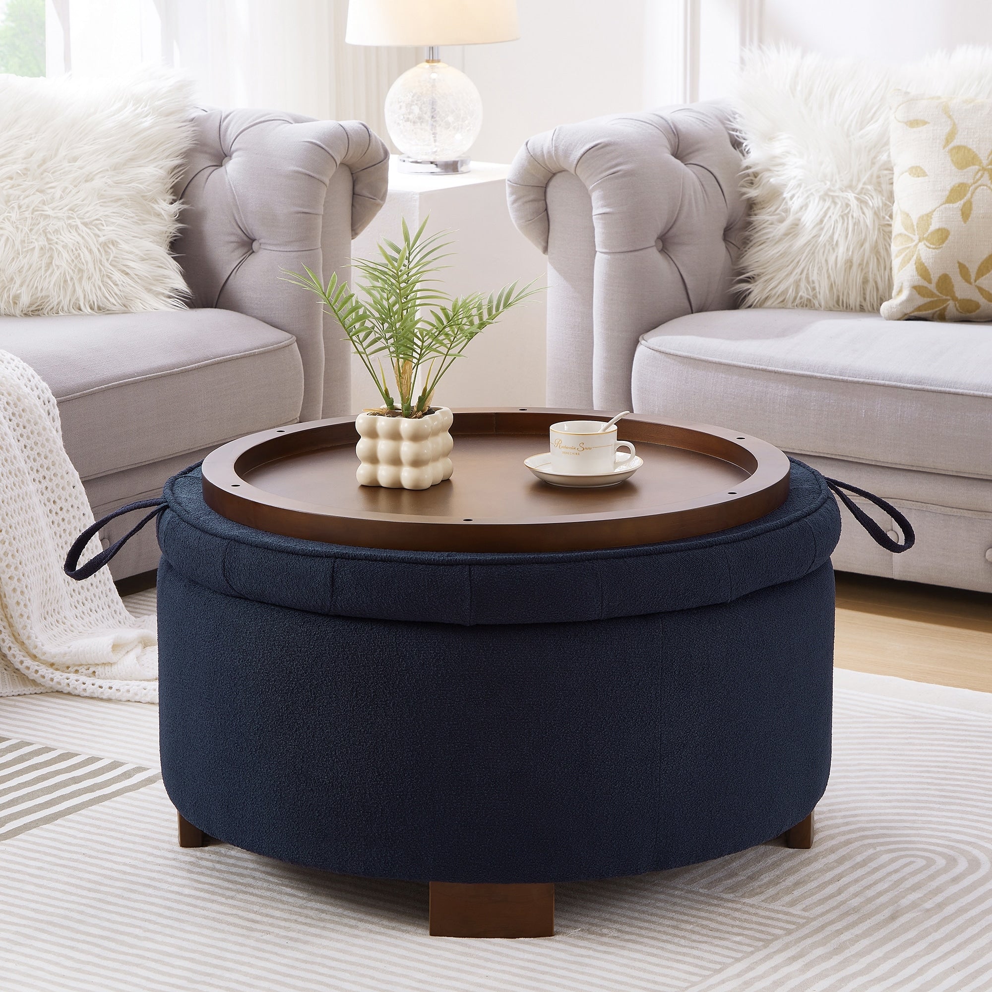 Round Storage Ottoman With Reversible Lid Boucle Fabric Upholstered Footstool Dual Purpose Seat Side Table
