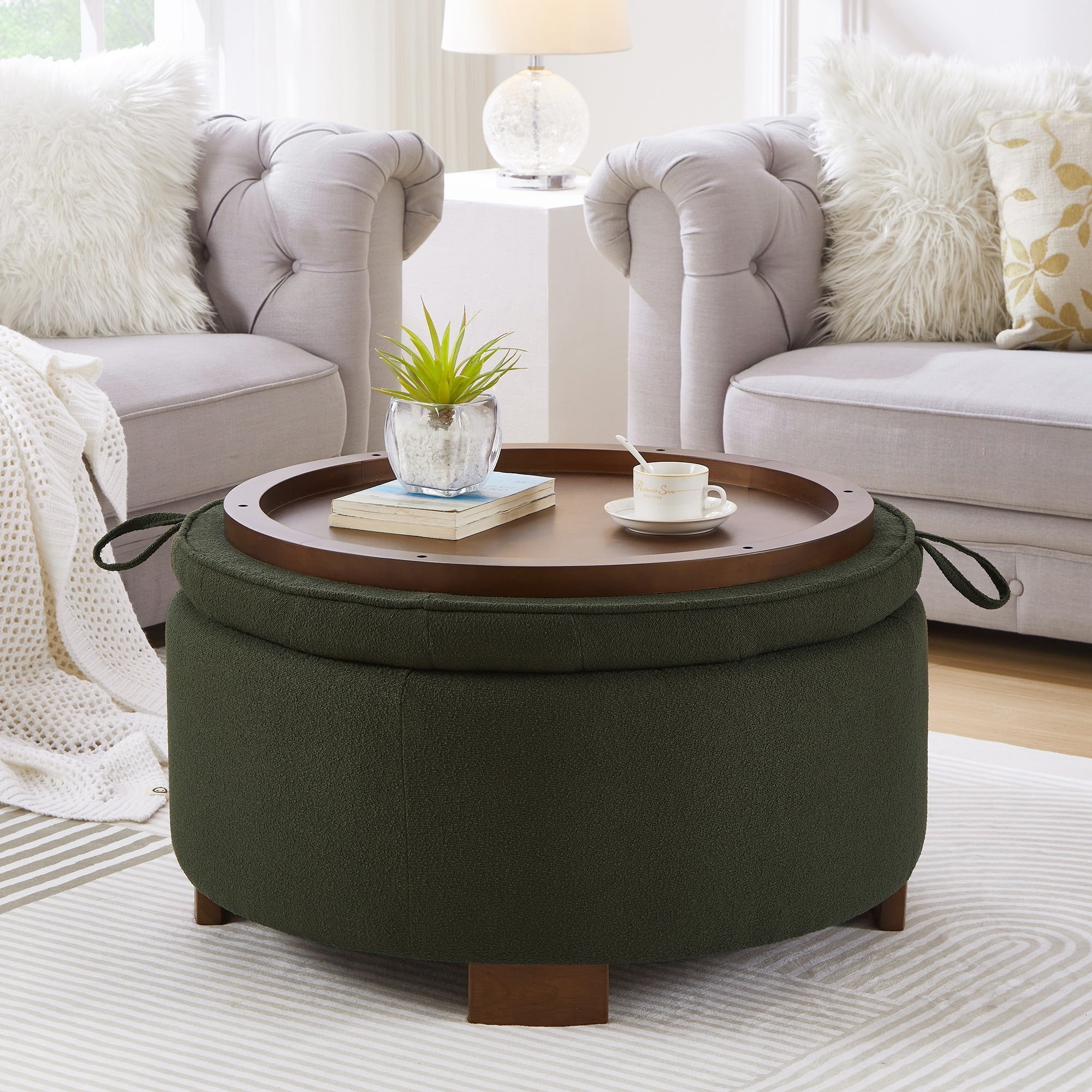 Round Storage Ottoman With Reversible Lid Boucle Fabric Upholstered Footstool Dual Purpose Seat Side Table