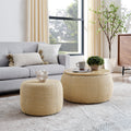 Round Storage Ottoman Woven Rattan Fabric Ottoman 2 In 1 Function Work As End Table And Ottoman With Small Seat Nature
