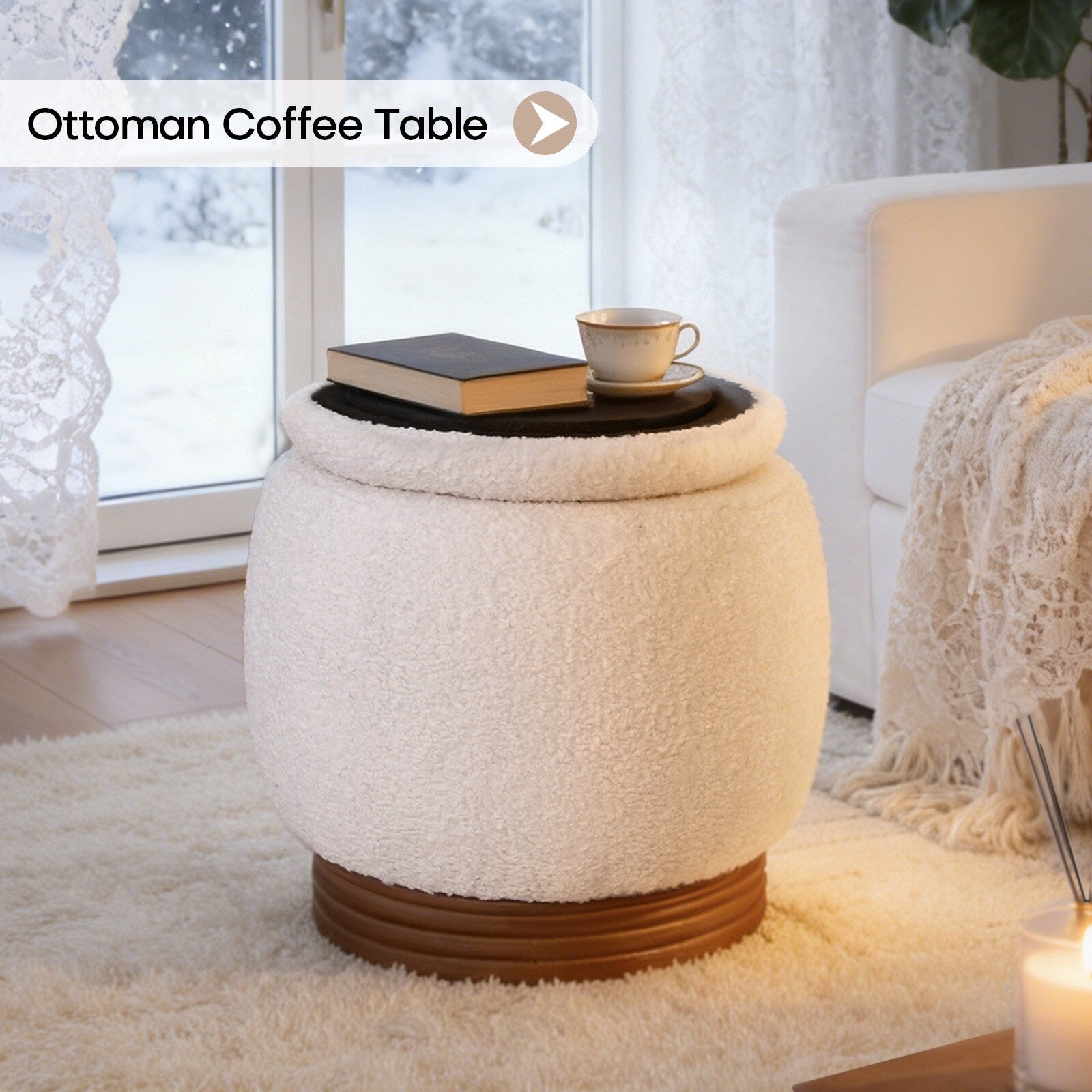Round Storage Pouf Ottoman Footstool With Flip Top And Acacia Frame