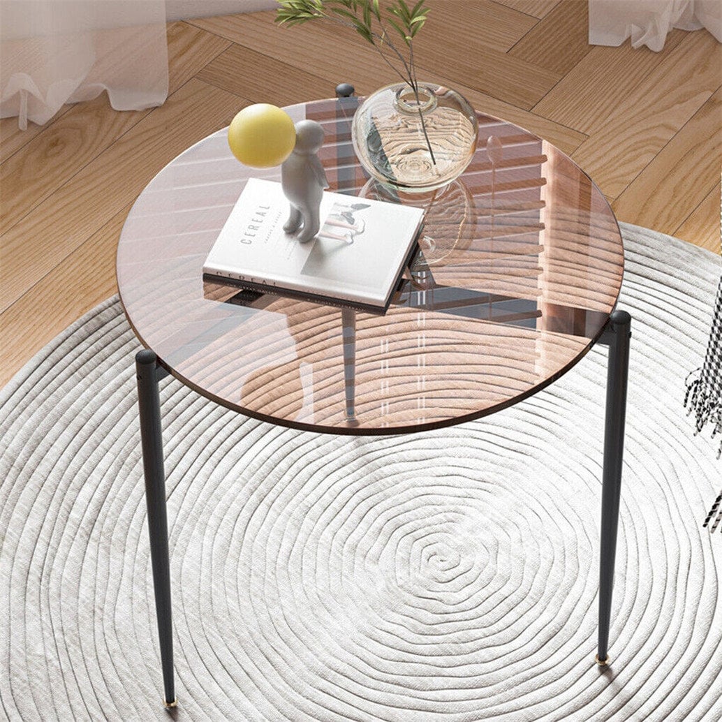 Round Tempered Glass End Table Sofa Table With Metal Frame For Living Room 19.7X19.7 Inch