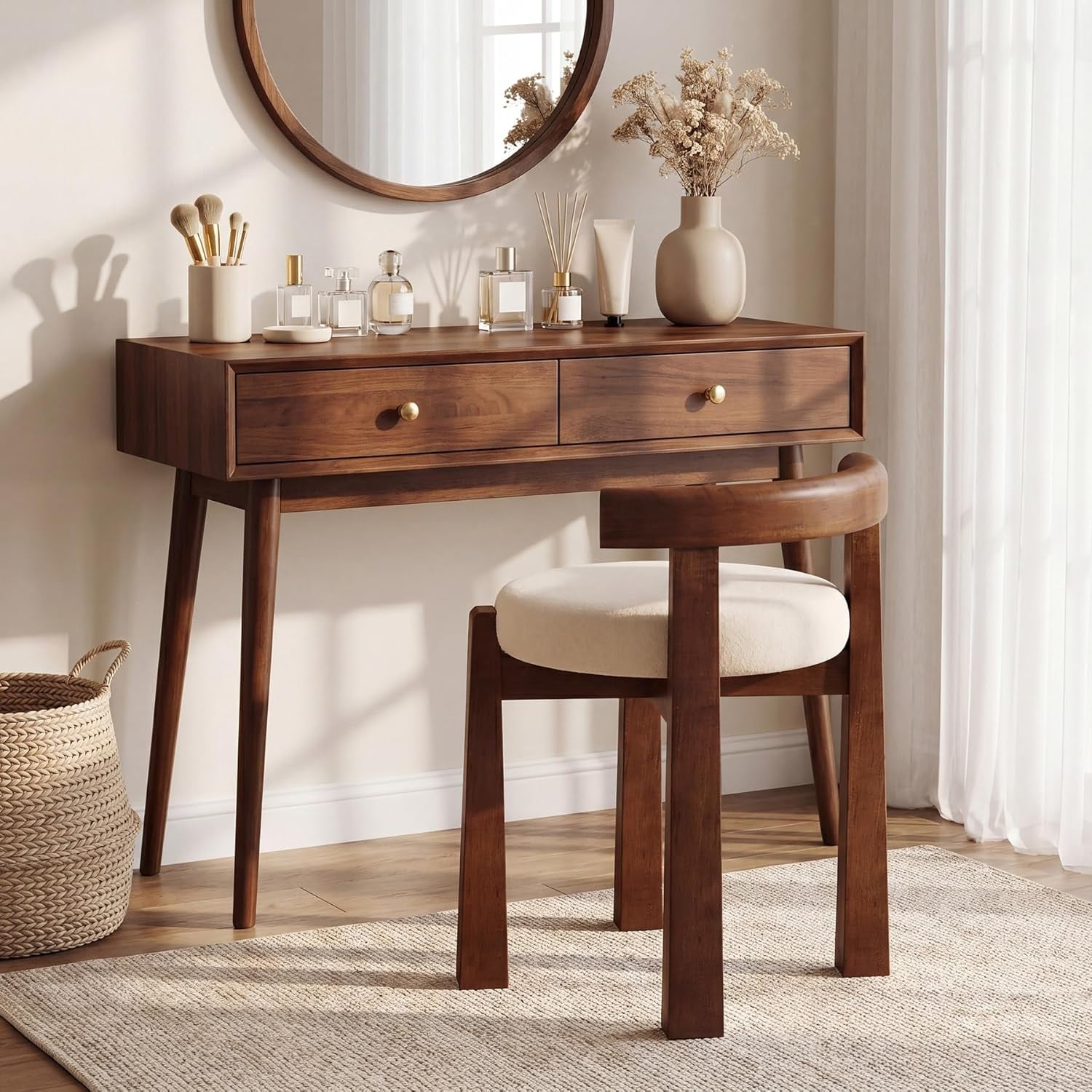 Round Vanity Ottoman Seat Upholstered Vanity Stool With Faux Wool Cushion Makeup Chair With Solid Wood Frame