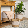 Set Of 3 Beige And White Round Wicker Table And Floor Baskets