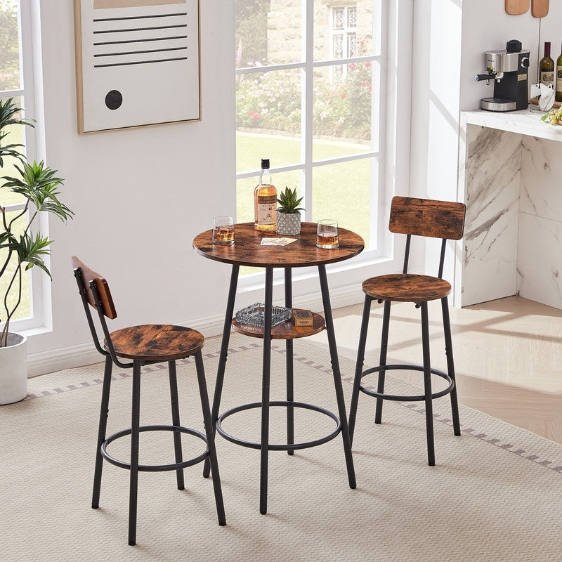 Round Bar Stool Set With Shelves Stool With Backrest Rustic Brown 23.6 Dia X 35.4 H