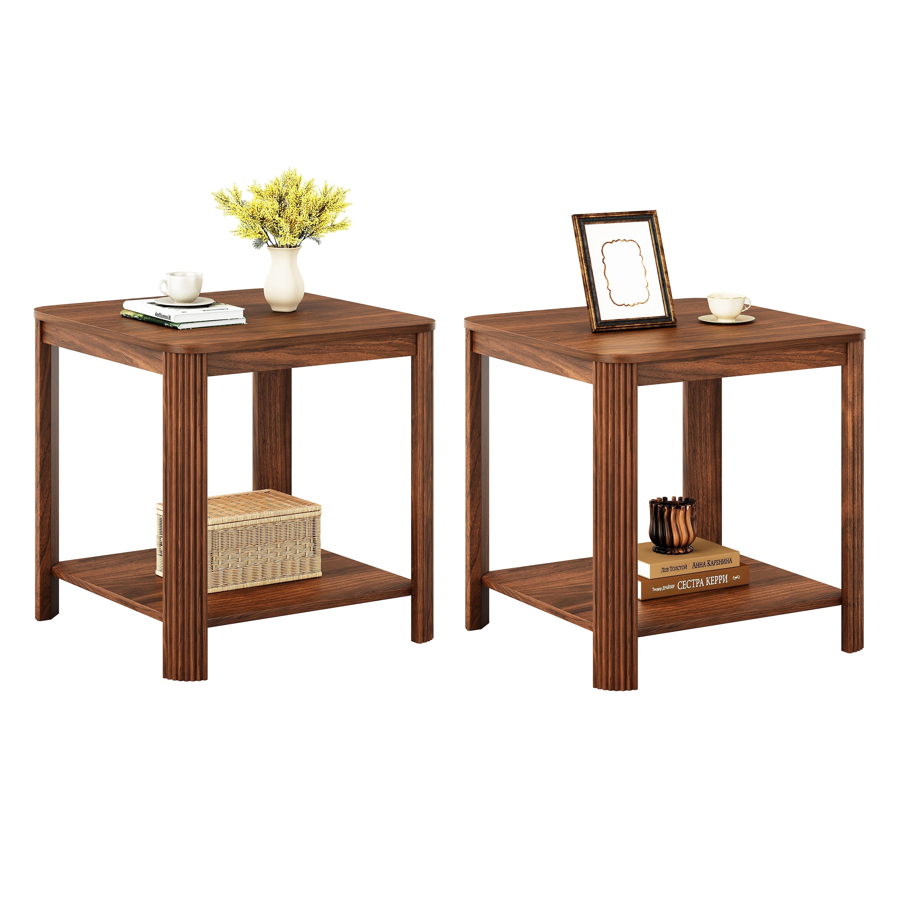 Rounded Corner End Tables Set Of 2 22.1 Square Nightstand With Vertical Wave Grain Legs 2 Tier Side Table For Living Room