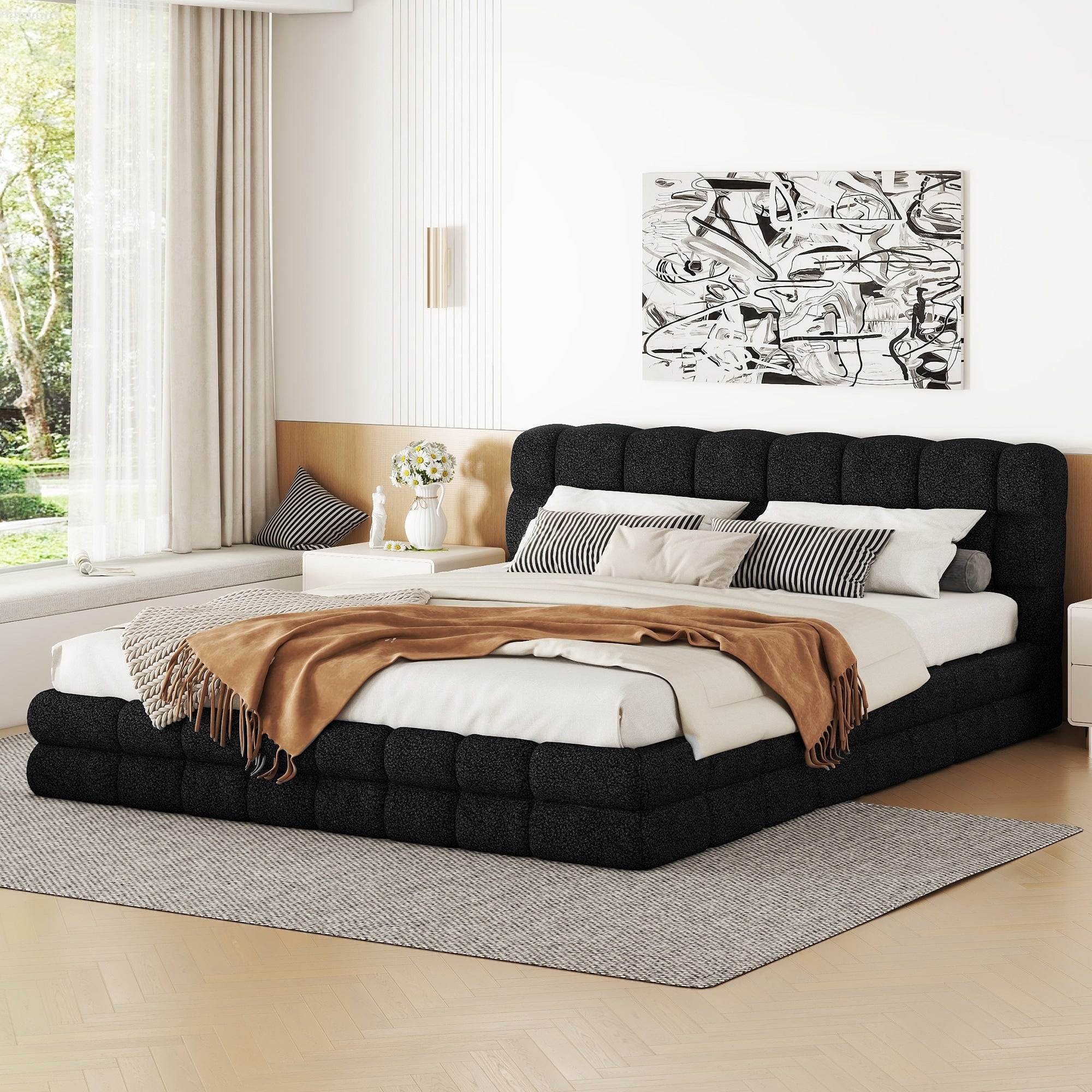 Rounded Corner Queen Size Upholstered Platform Bed Includes Hardware
