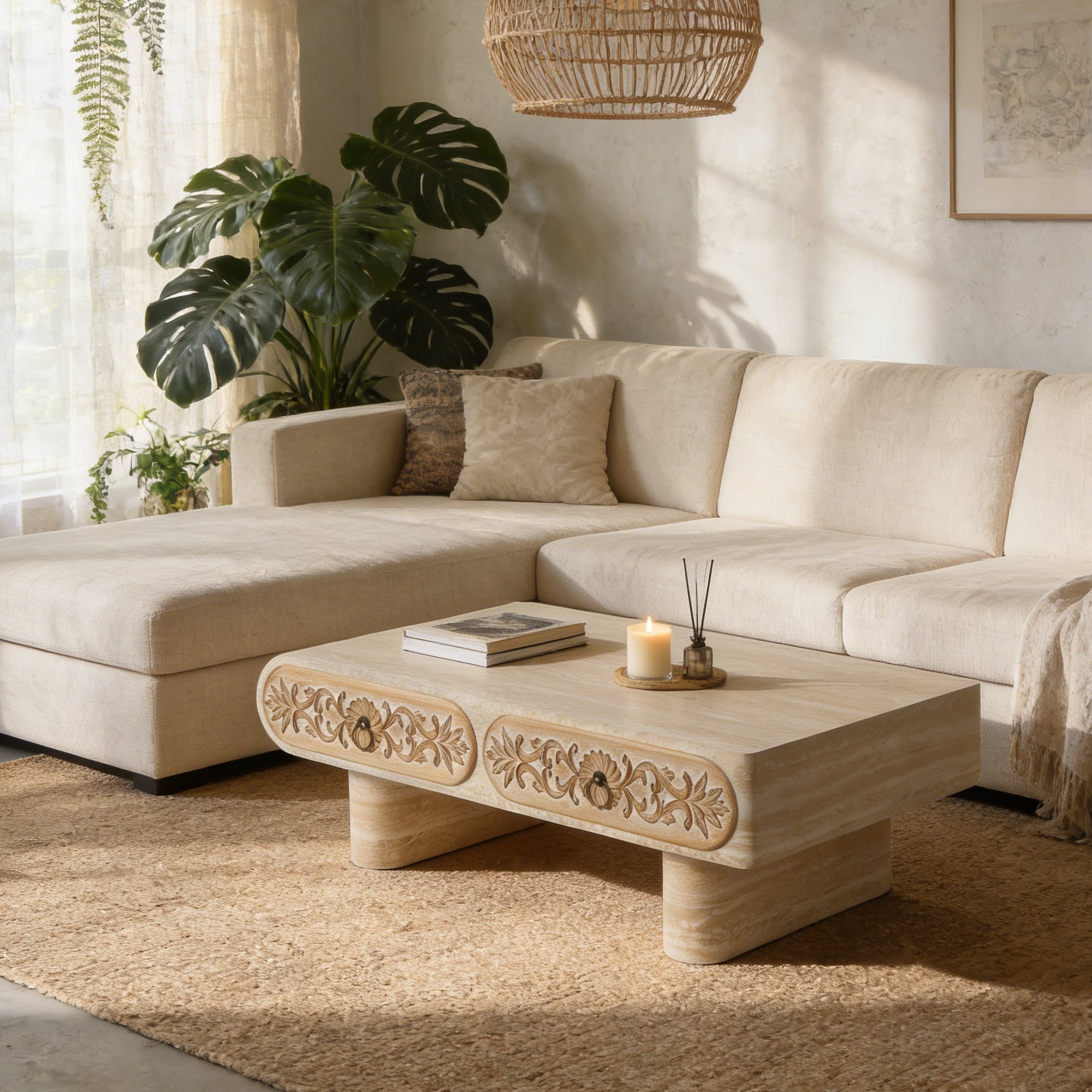 Rounded Edge Coffee Table With Flower Pattern Solid Wood Drawer Coffee Table For Living Room Office