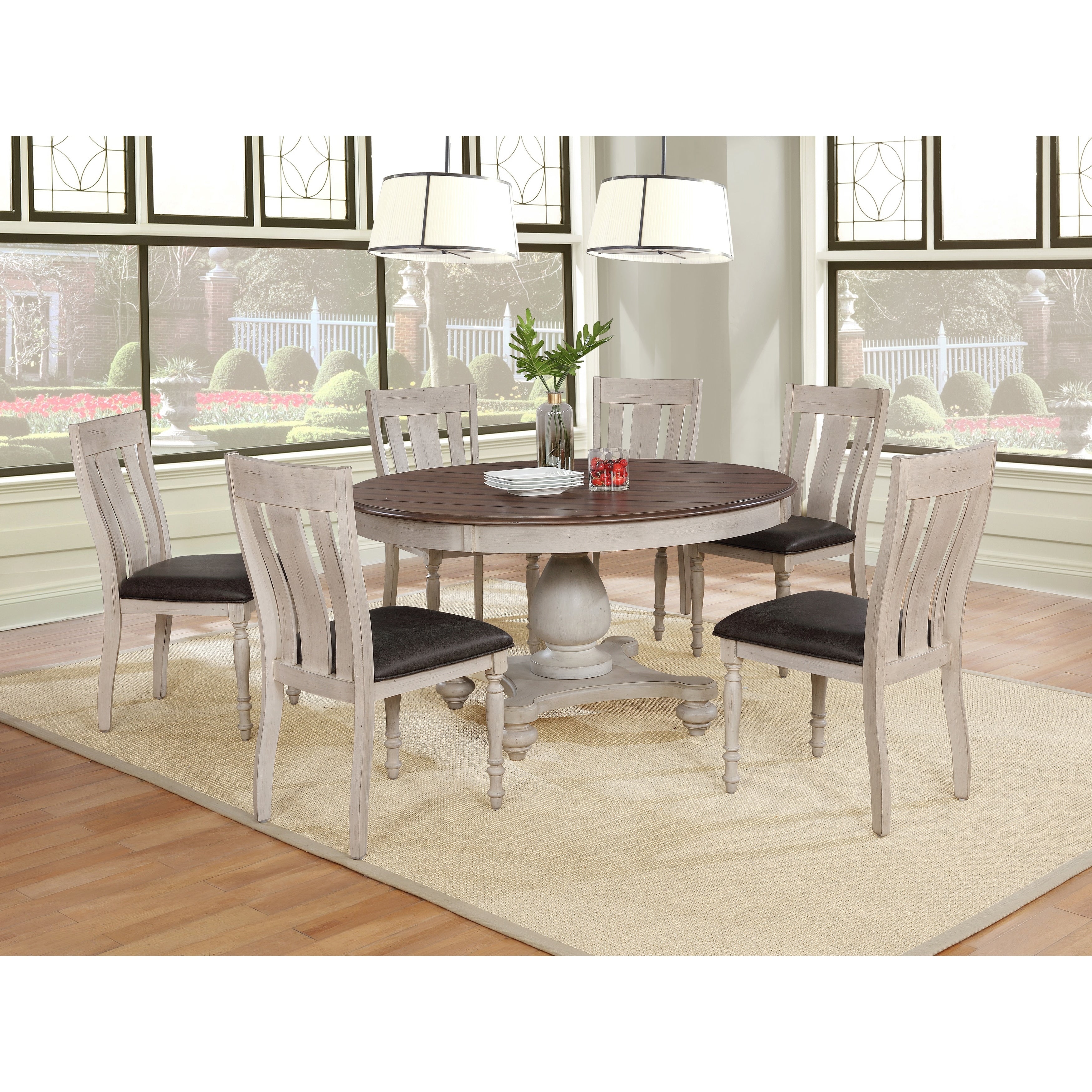 Arch Weathered Oak Dining Set Round Table Six Chairs