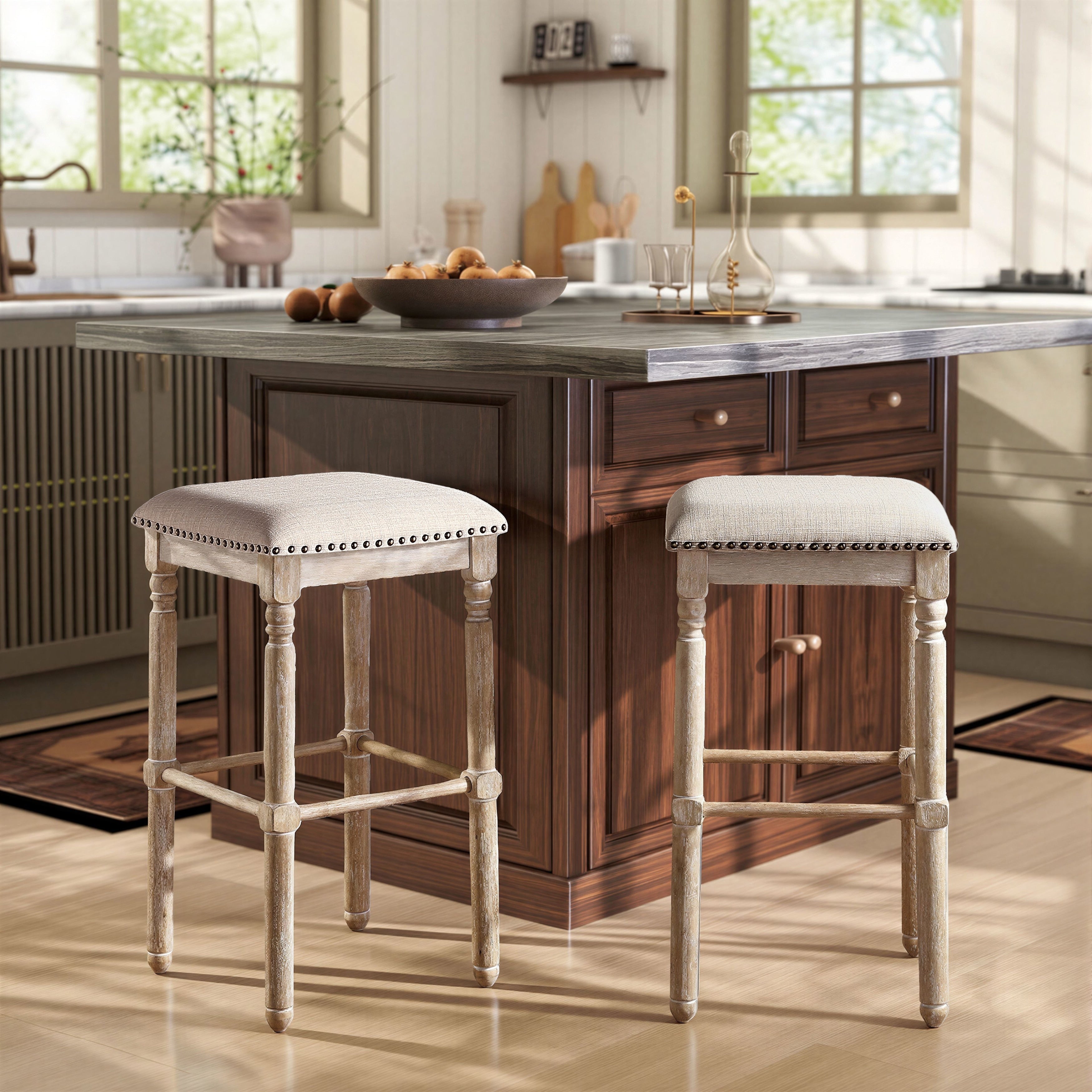 Arnhem Wood Upholstered Swivel Bar Stools Set Of 2