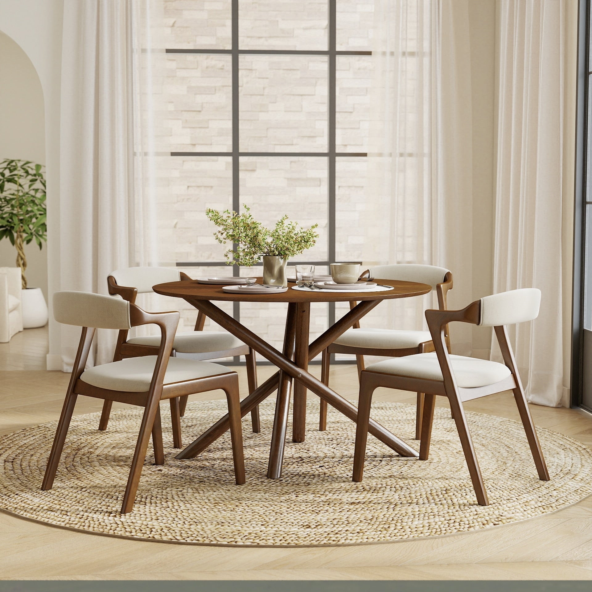 Roundhill Furniture Arnott 5 Piece Dining Set Round Dining Table With 4 Stylish Chairs Walnut Finish