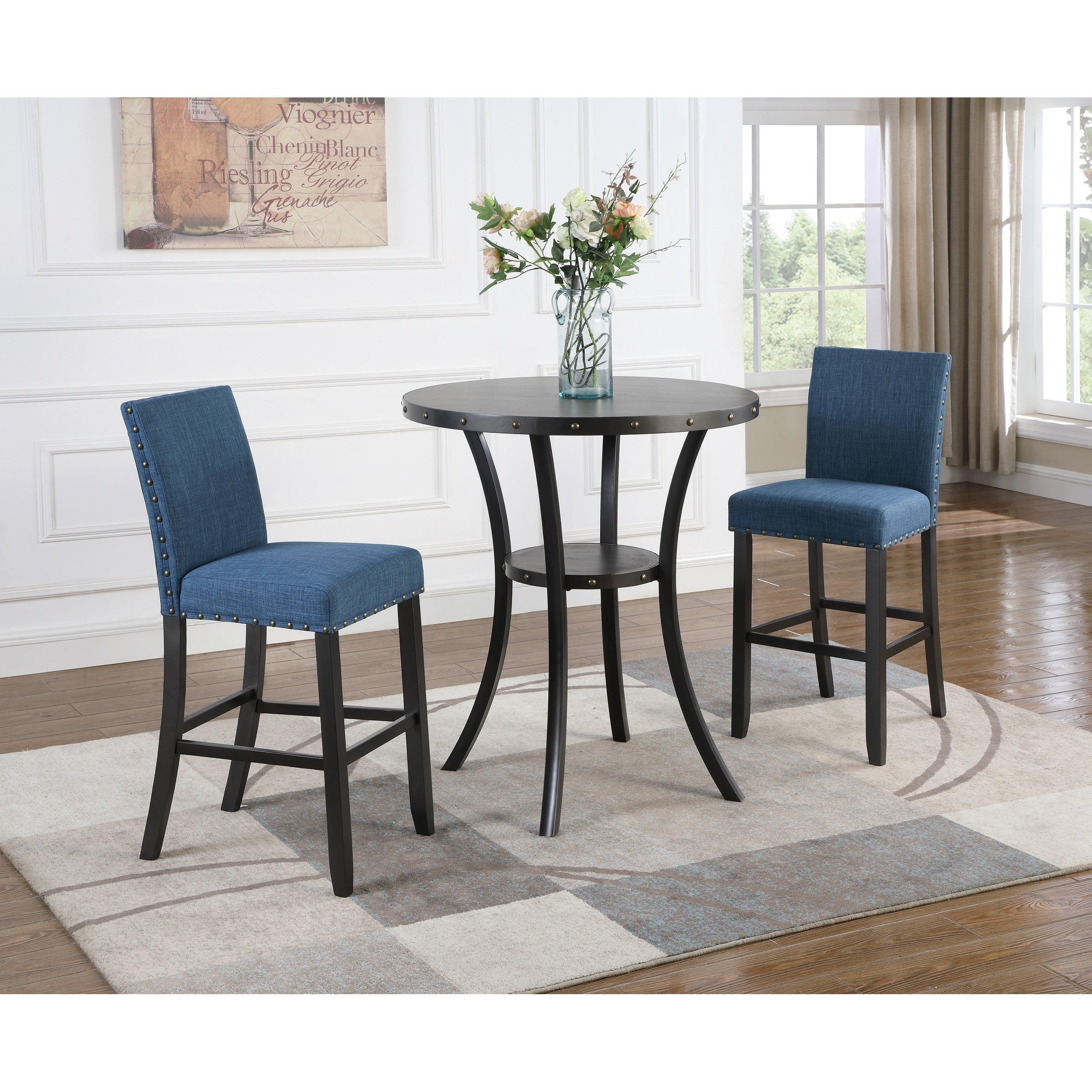 Biony 3 Piece 36 Round Espresso Bar Table With 2 Nail Head Barstools