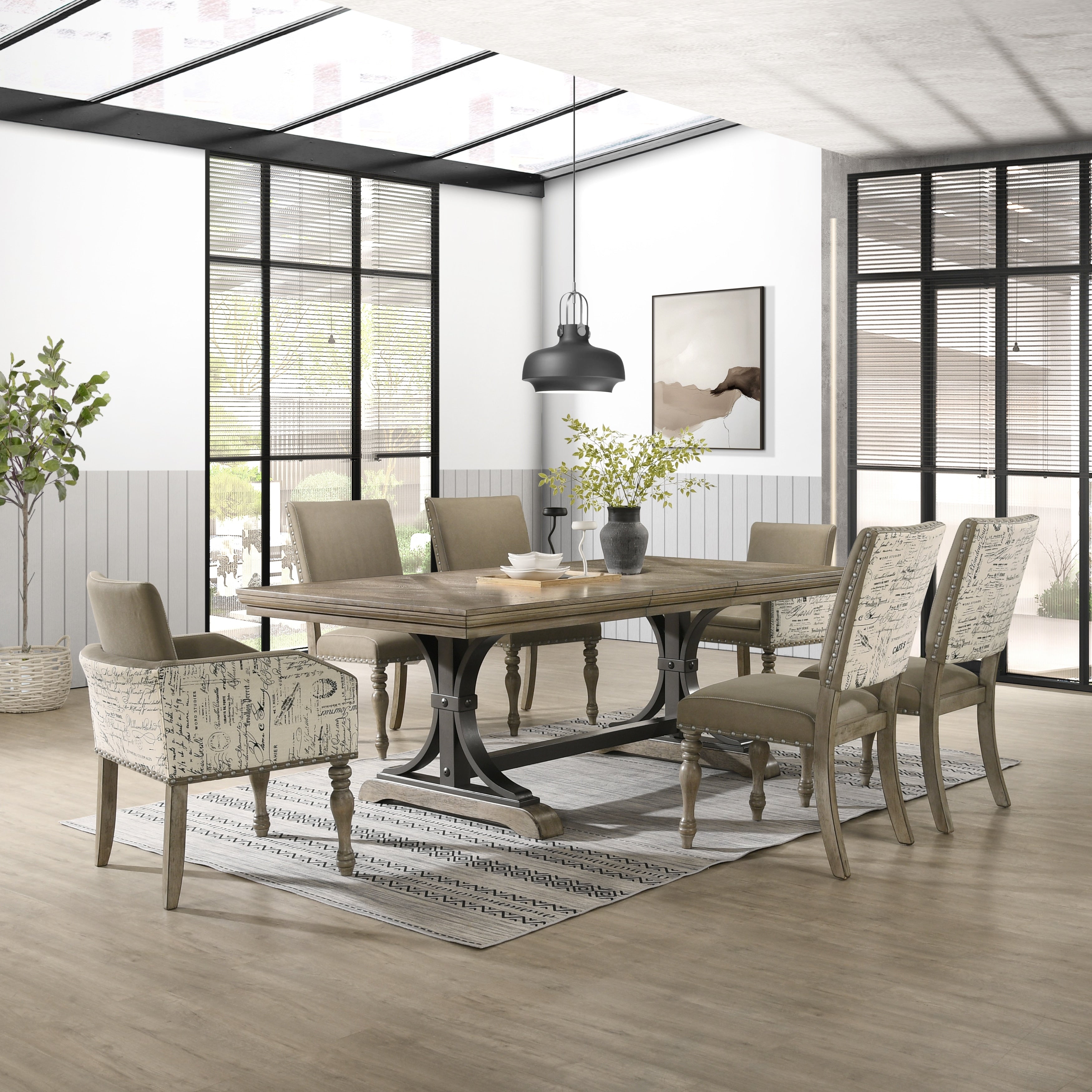 Birmingham 7 Piece Driftwood Finish Table With Nail Head Arm Chairs Dining Set