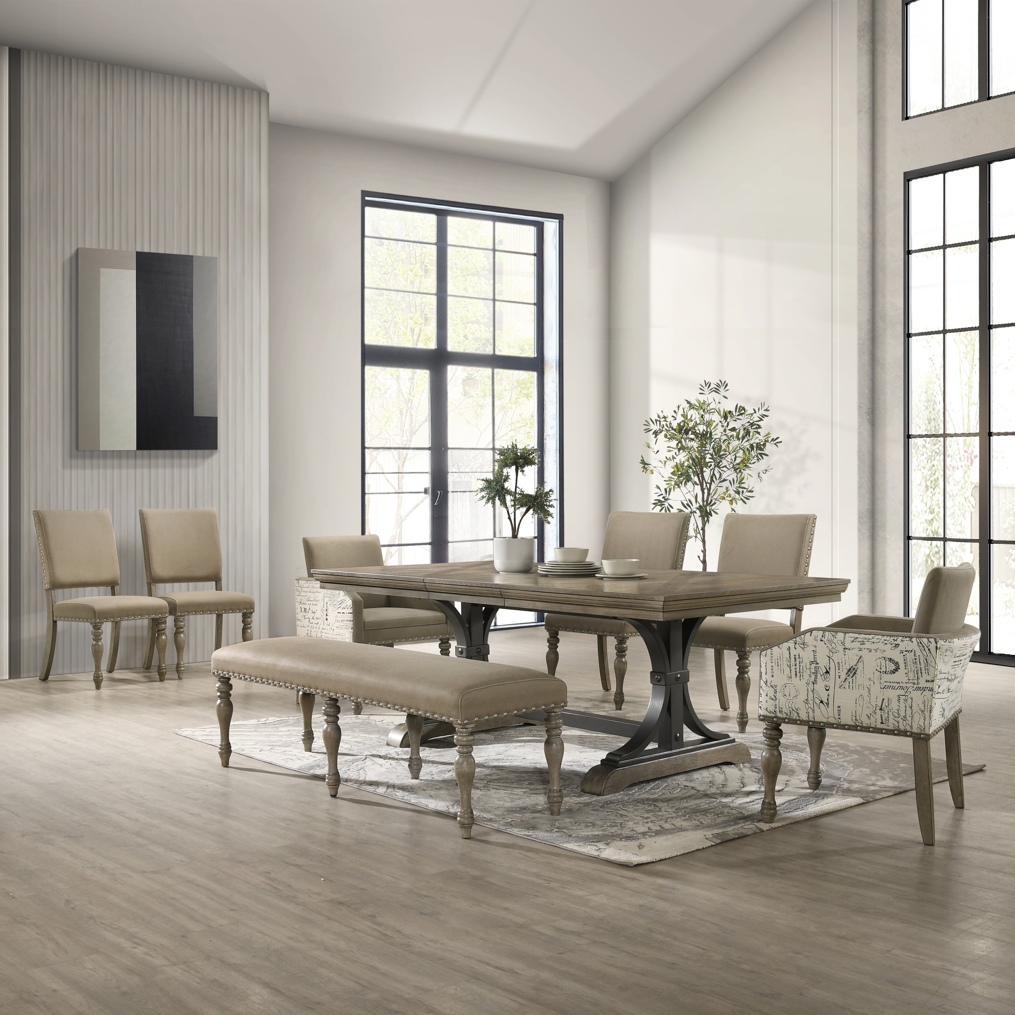 Birmingham Driftwood 8 Piece Table With Nail Head Bench And Arm Chair Dining Set