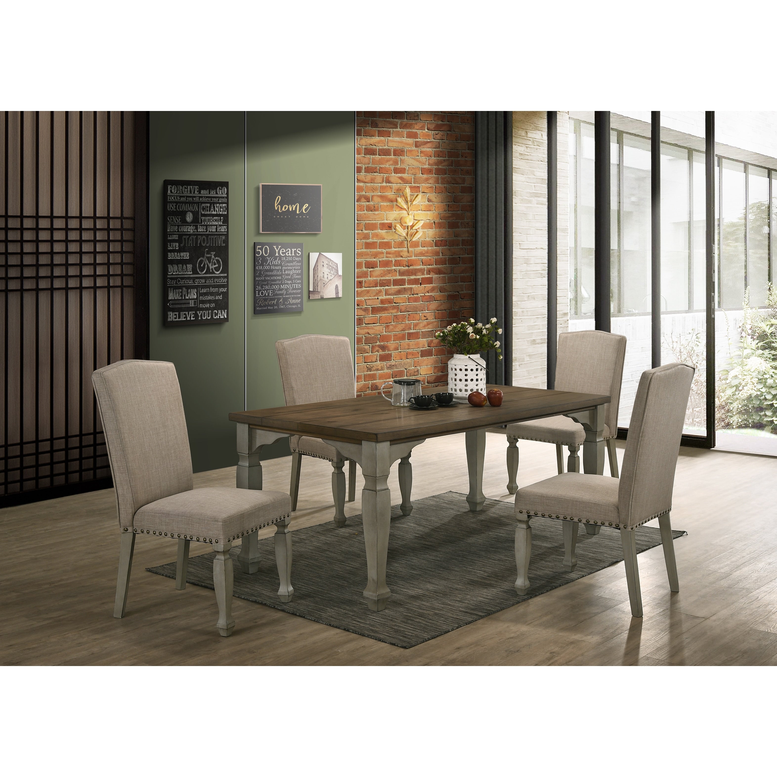 Breda Antique Gray And Dark Oak Finished Wood Dining Set Table With Four Chairs