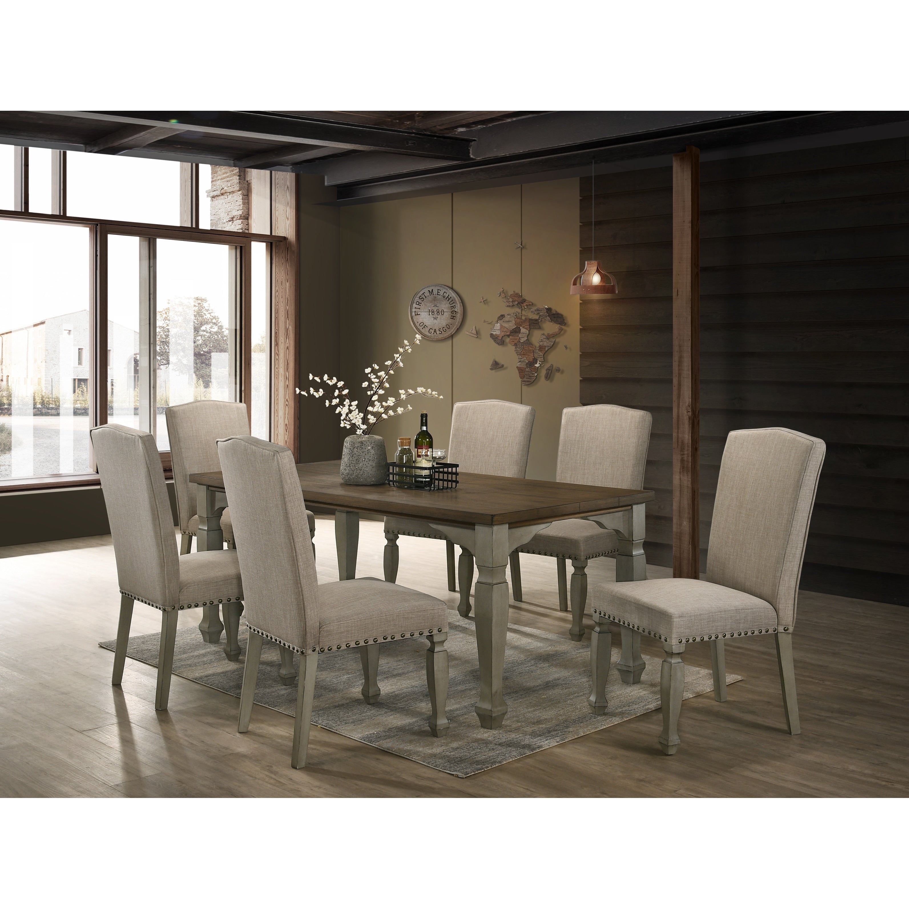 Breda Antique Gray And Dark Oak Finished Wood Dining Set Table With Six Chairs