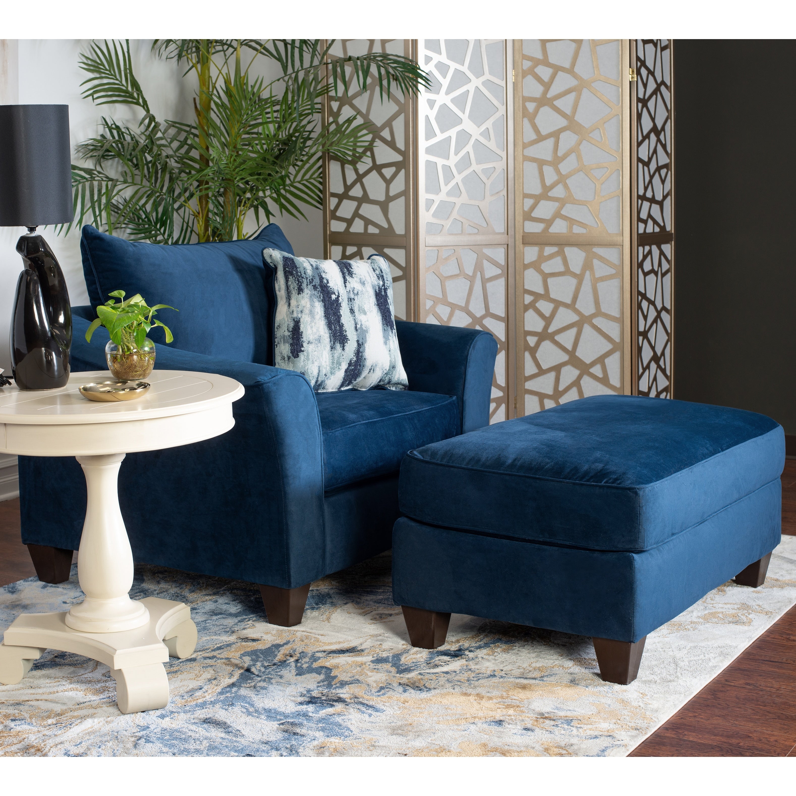 Camero Fabric Pillowback Chair With Ottoman Set In Navy Blue