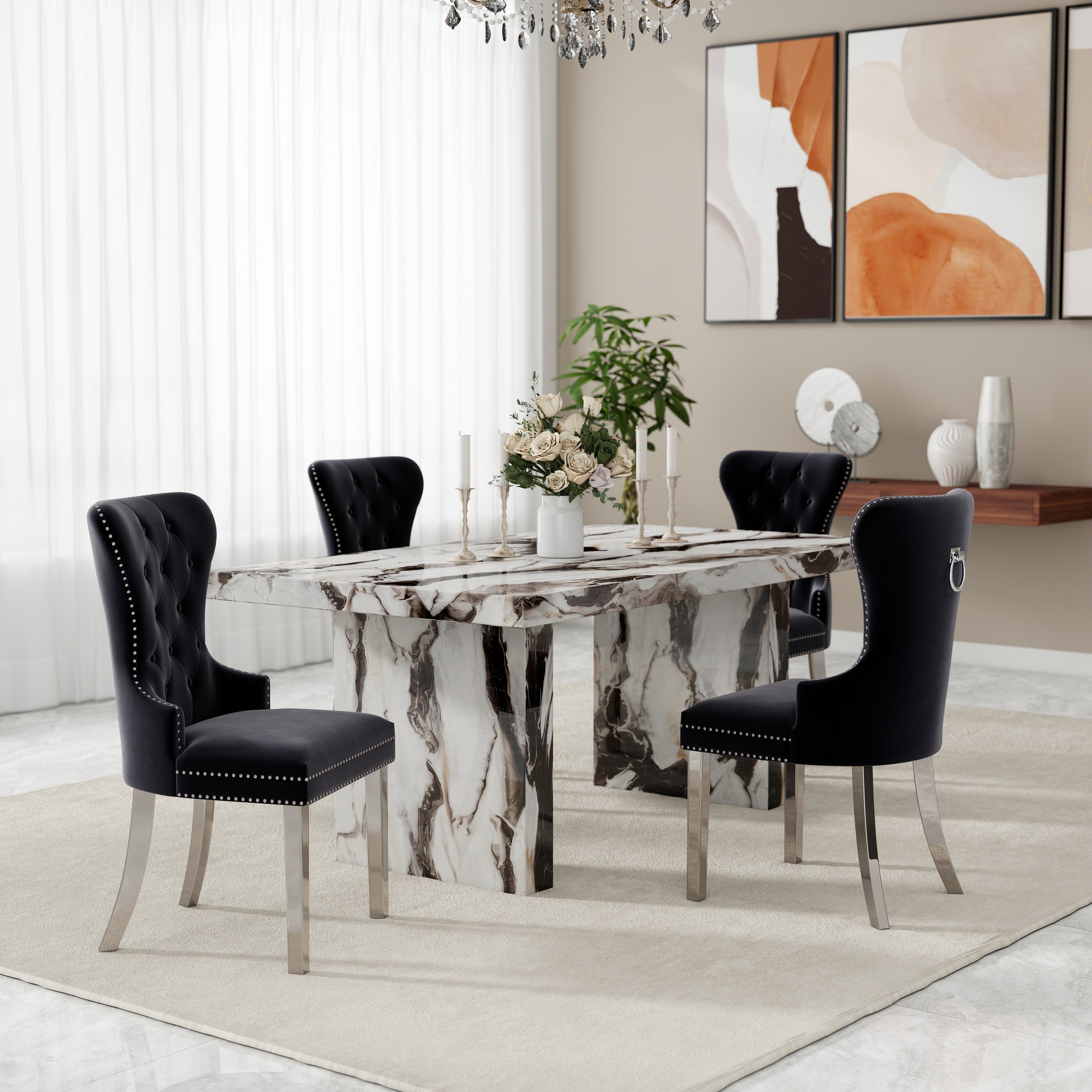 Roundhill Furniture Cavira 5 Piece Modern Faux Marble Dining Set