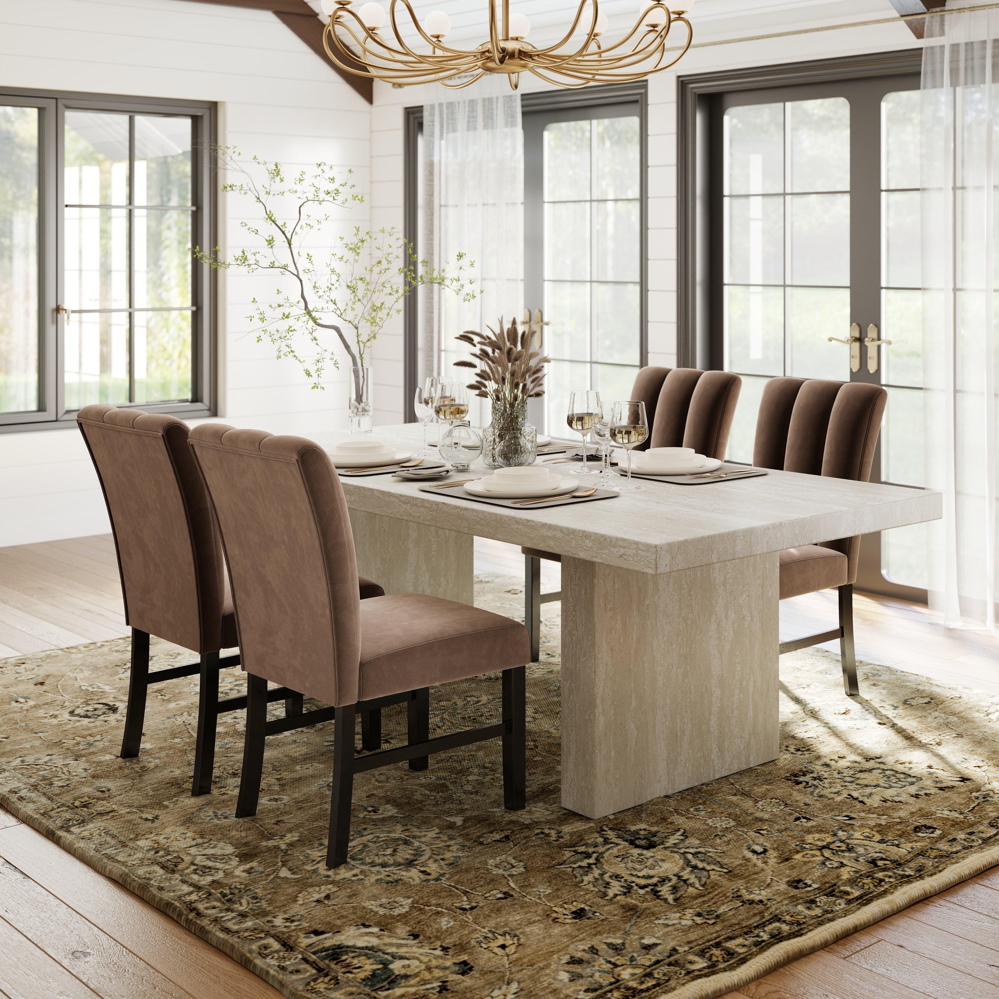 Roundhill Furniture Cavira 5 Piece Modern Faux Marble Dining Set Chocolate