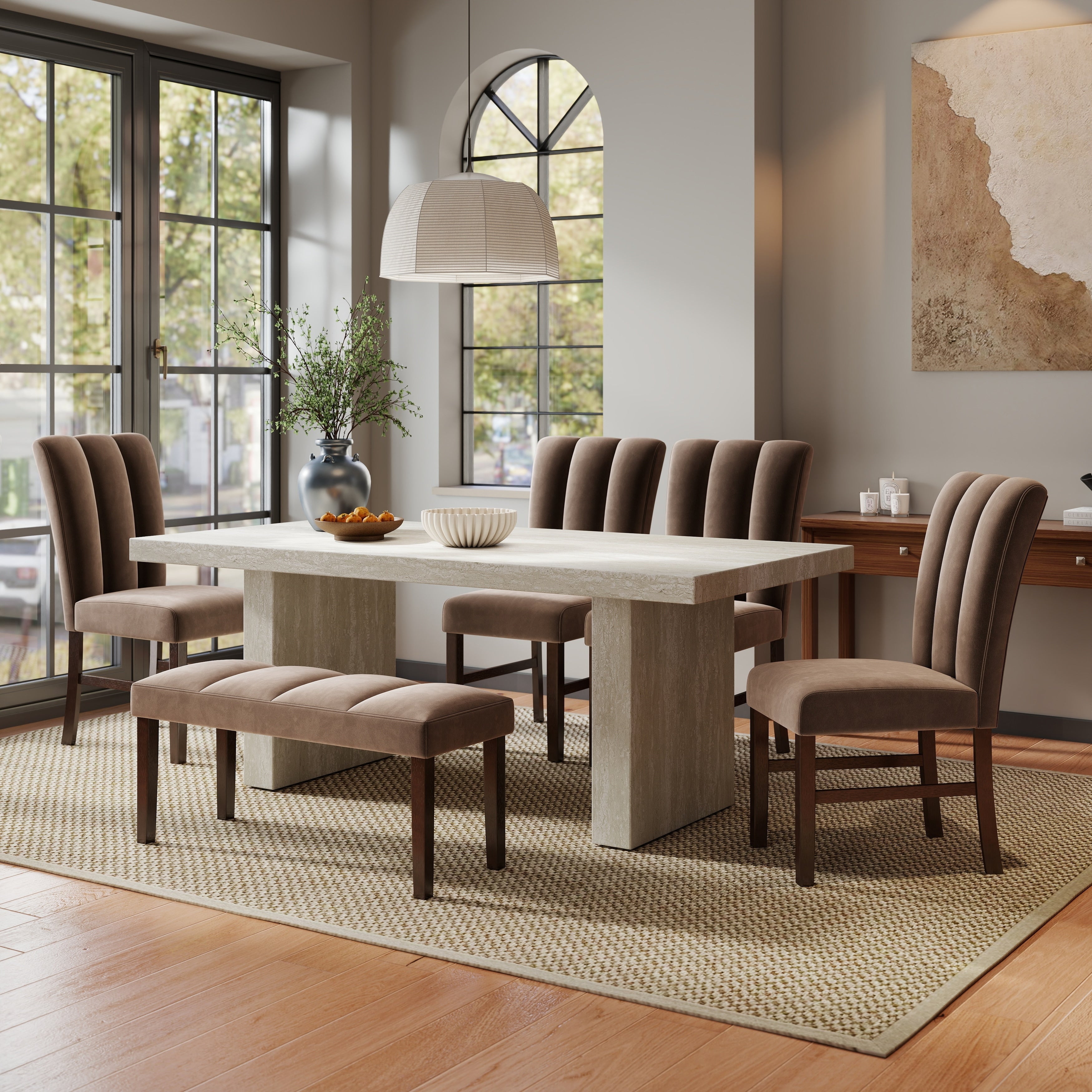 Roundhill Furniture Cavira 6 Piece Modern Faux Marble Dining Set Chocolate