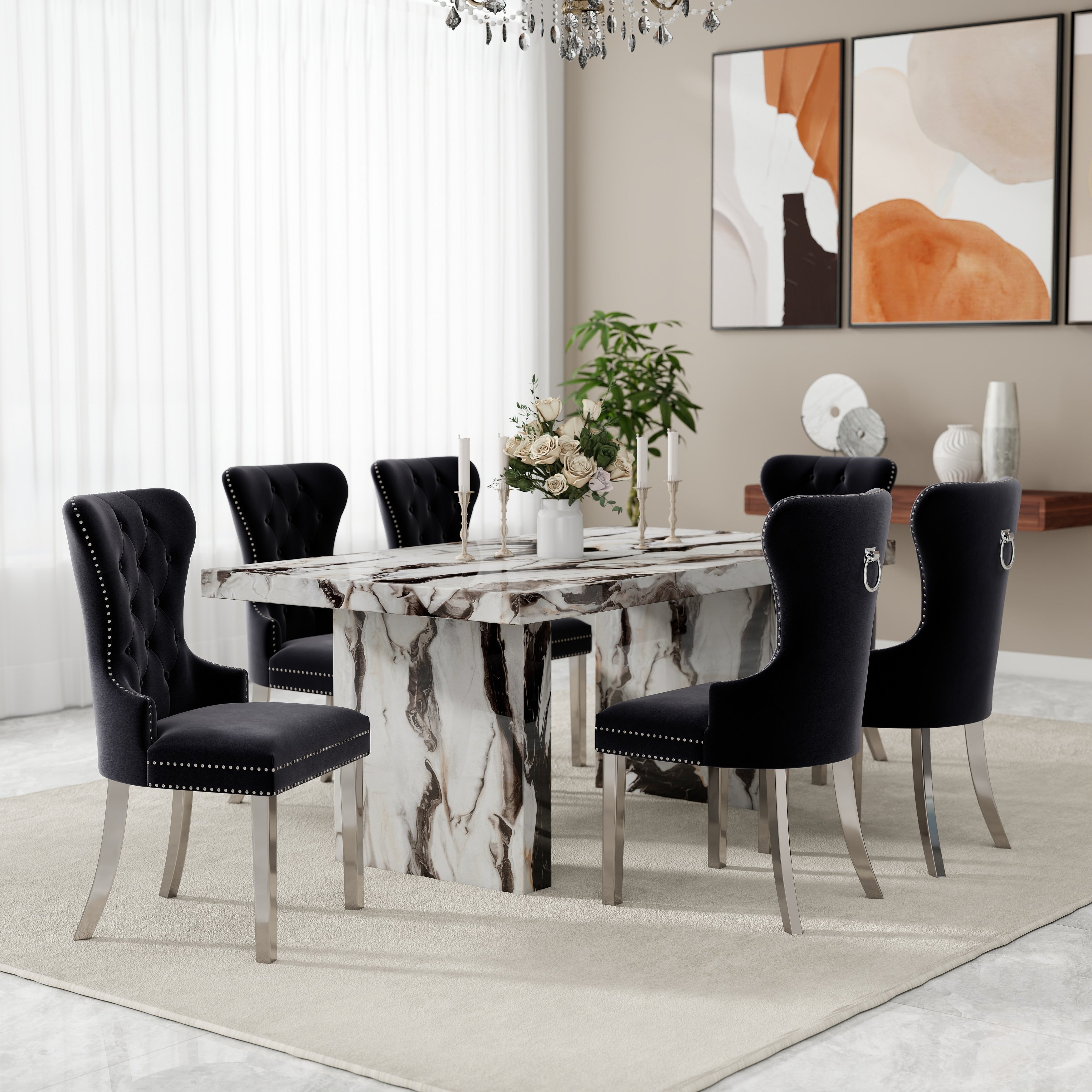 Roundhill Furniture Cavira 7 Piece Modern Faux Marble Dining Set