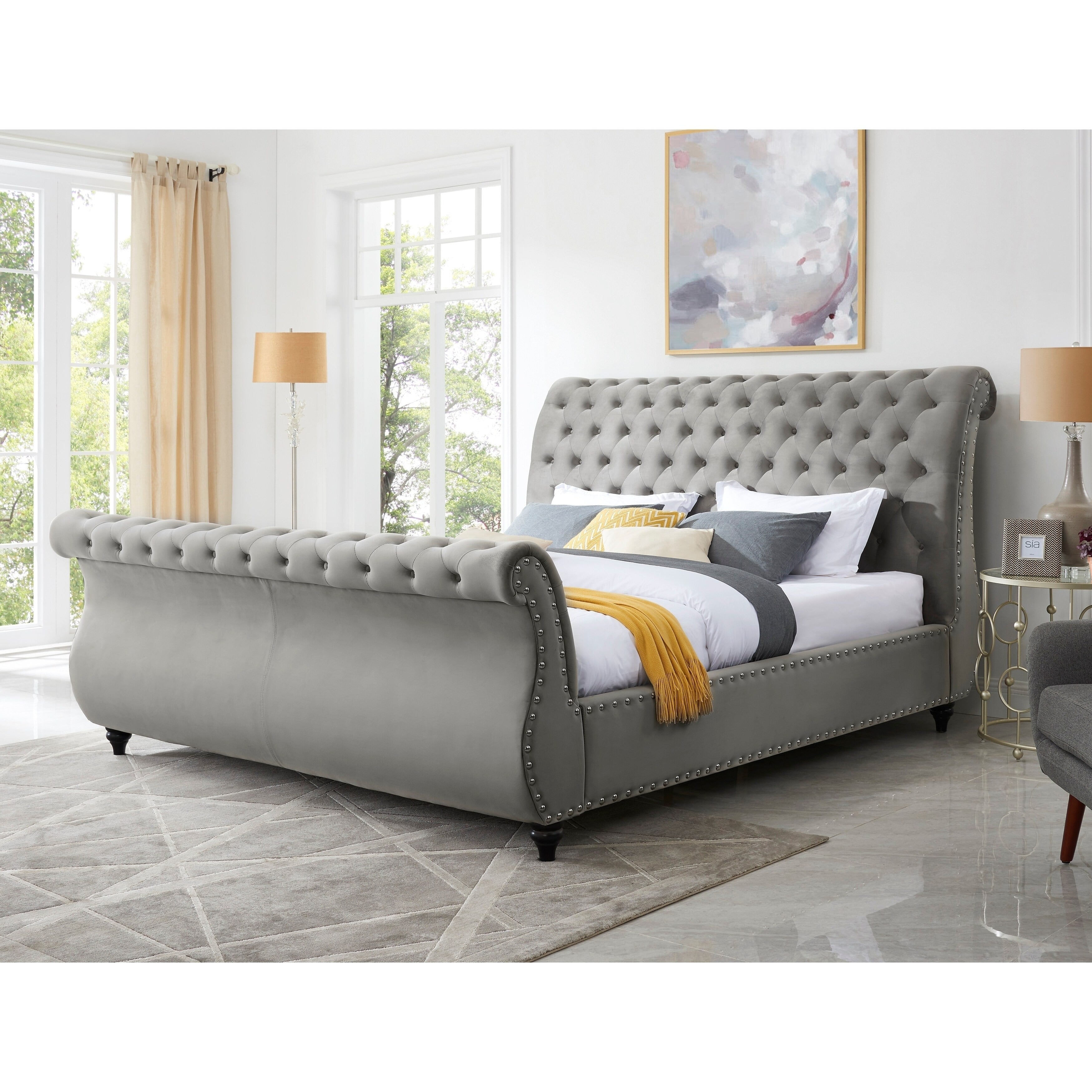 Evora Gray Velvet Upholstered Button Tufted Sleigh Bed