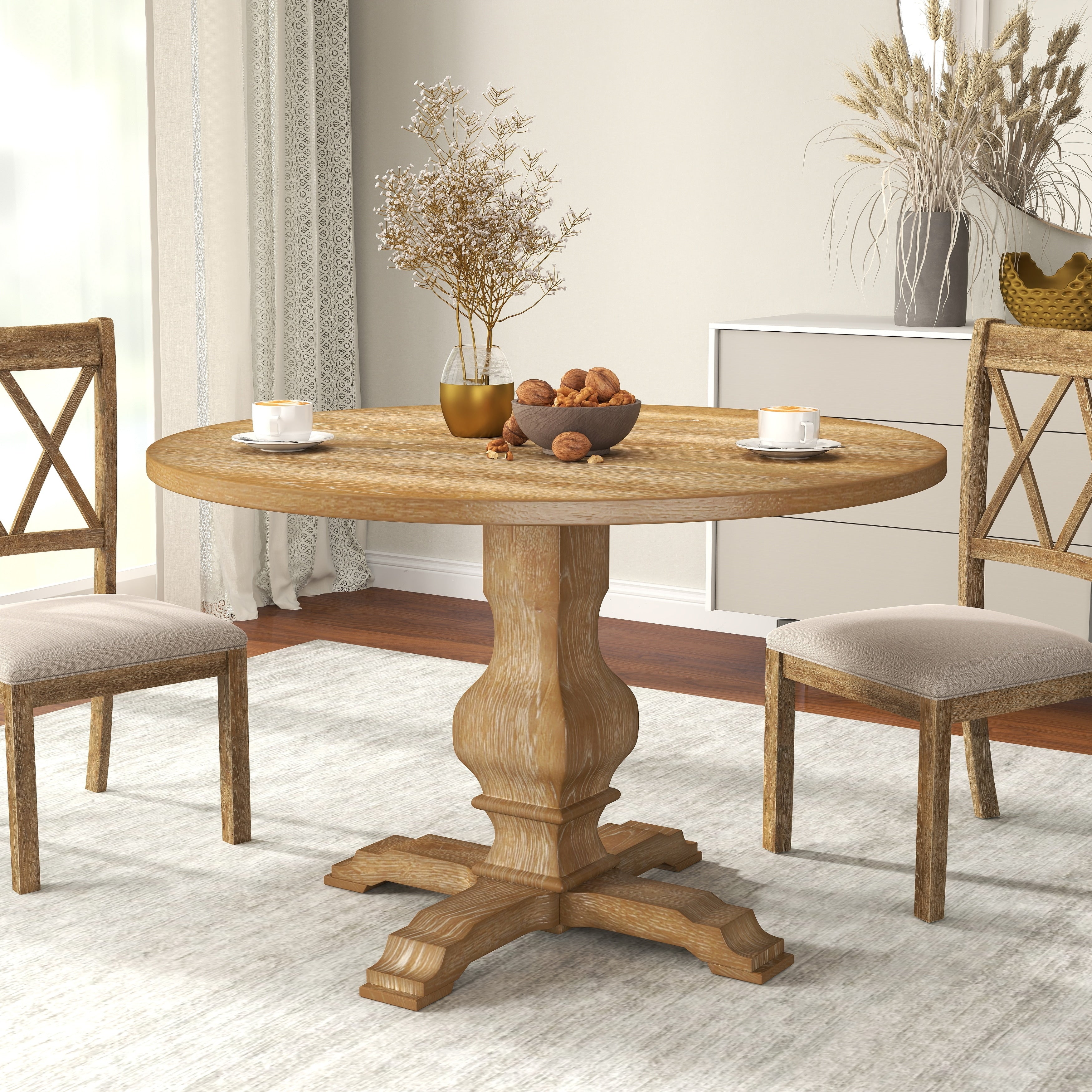Havre Burnished Oak Finished Wood Pedestal Round Dining Table