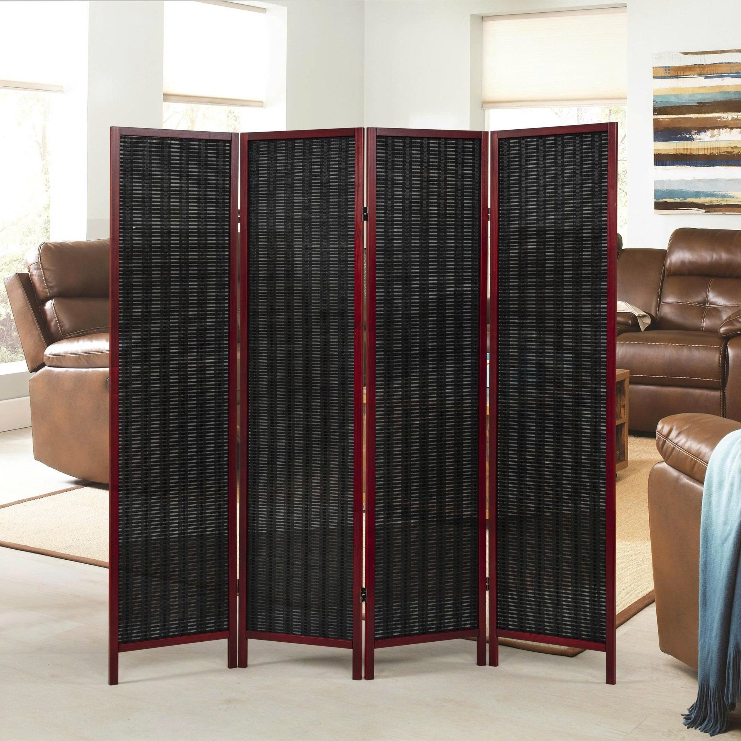 Roundhill Furniture Inkwell 4 Panel Bamboo Room Divider Folding Portable Partition Screen