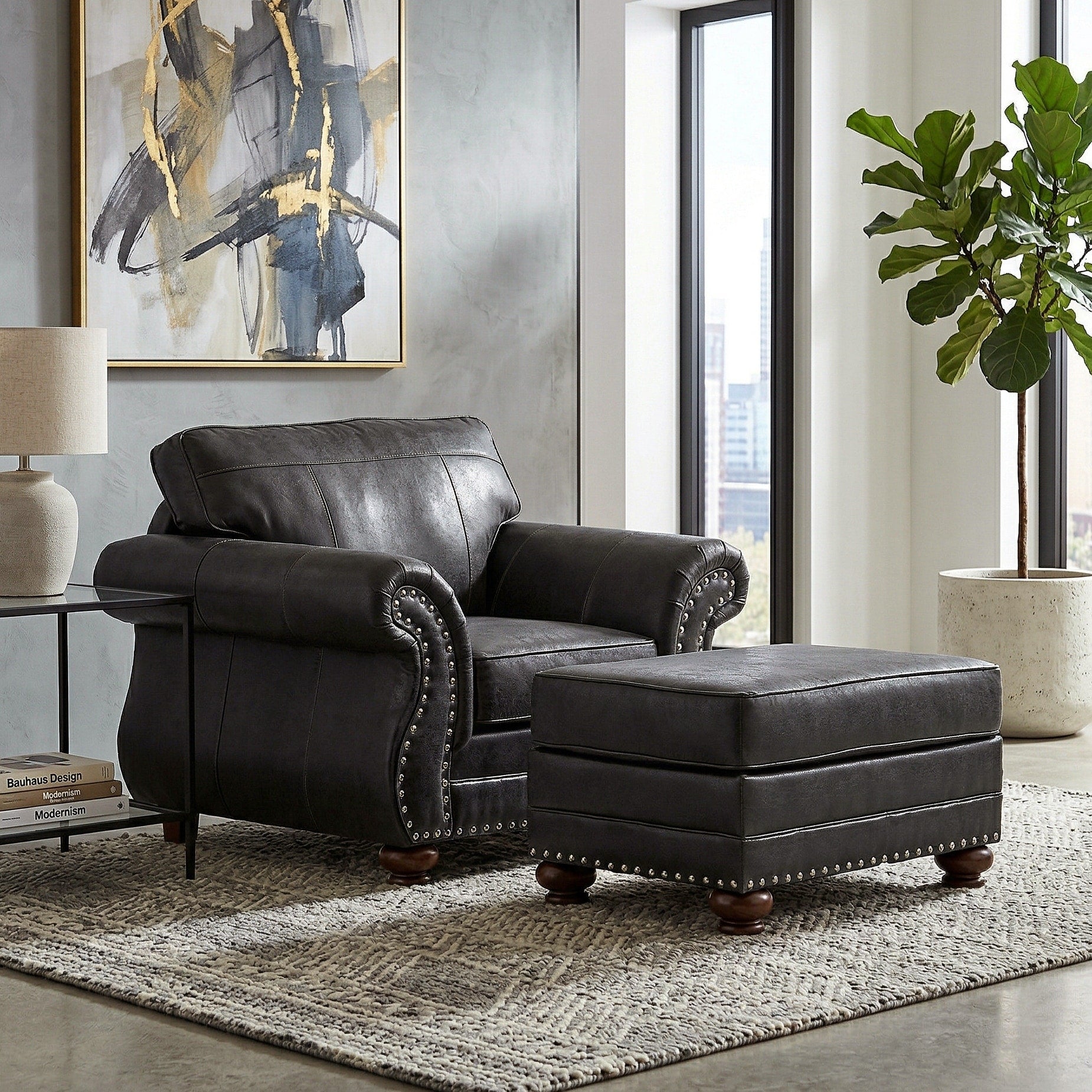 Roundhill Furniture Leinster 2 Piece Living Room Set Chair And Ottoman Black