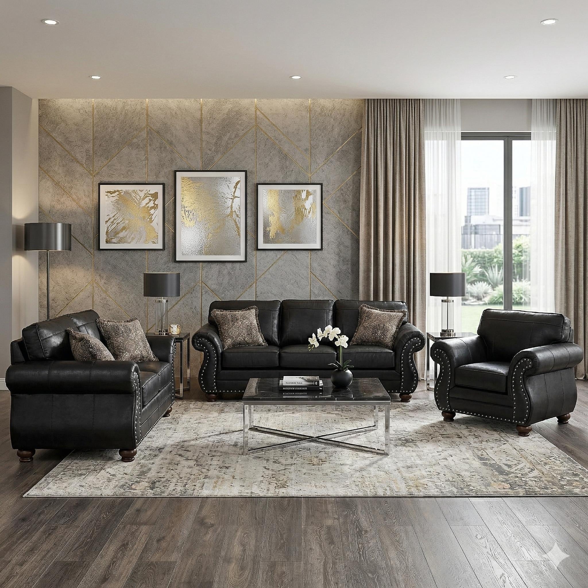 Roundhill Furniture Leinster 3 Piece Living Room Set Sofa Loveseat And Chair Black