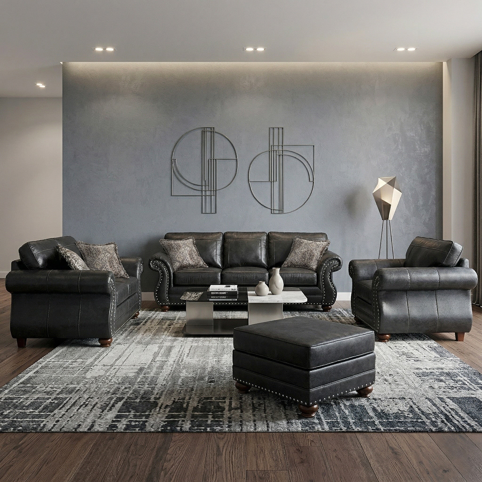 Roundhill Furniture Leinster 4 Piece Living Room Set Sofa Loveseat Chair And Ottoman Black