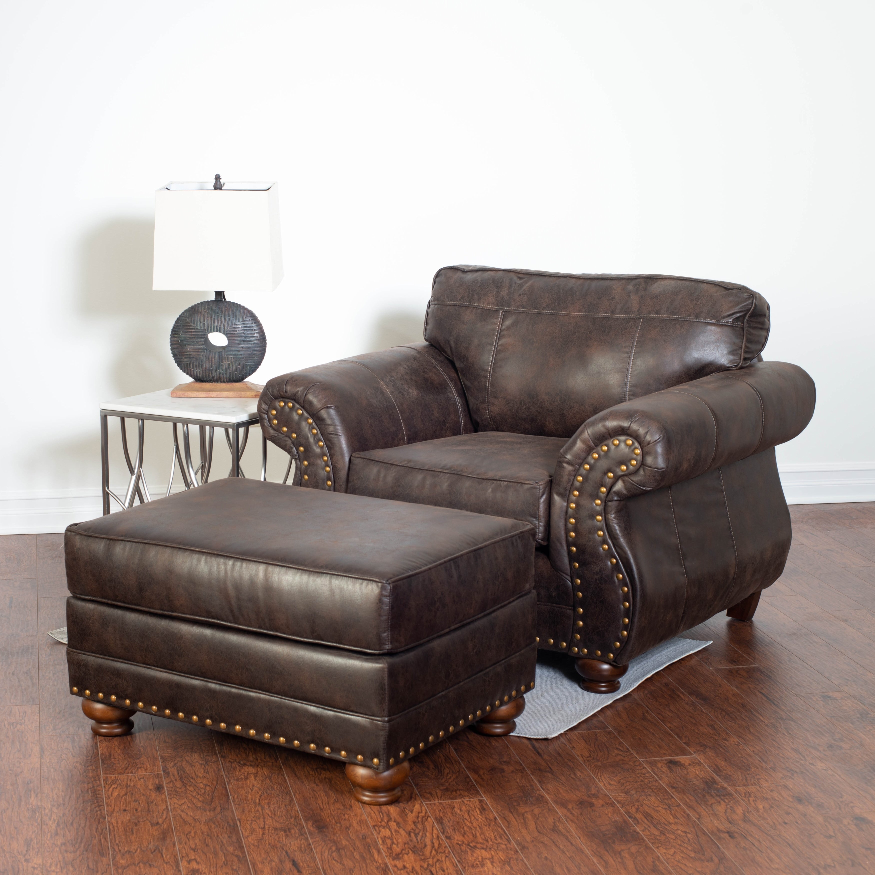 Leinster Faux Leather Upholstered Nailhead Chair And Ottoman In Espresso