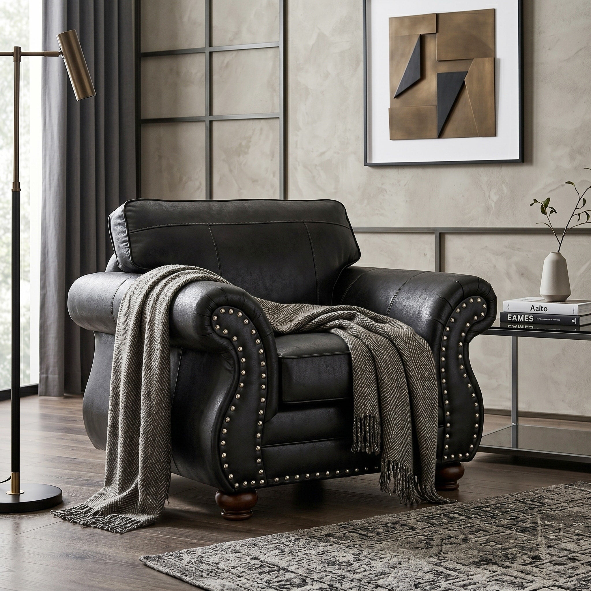 Roundhill Furniture Leinster Faux Leather Upholstered Nailhead Chair Black