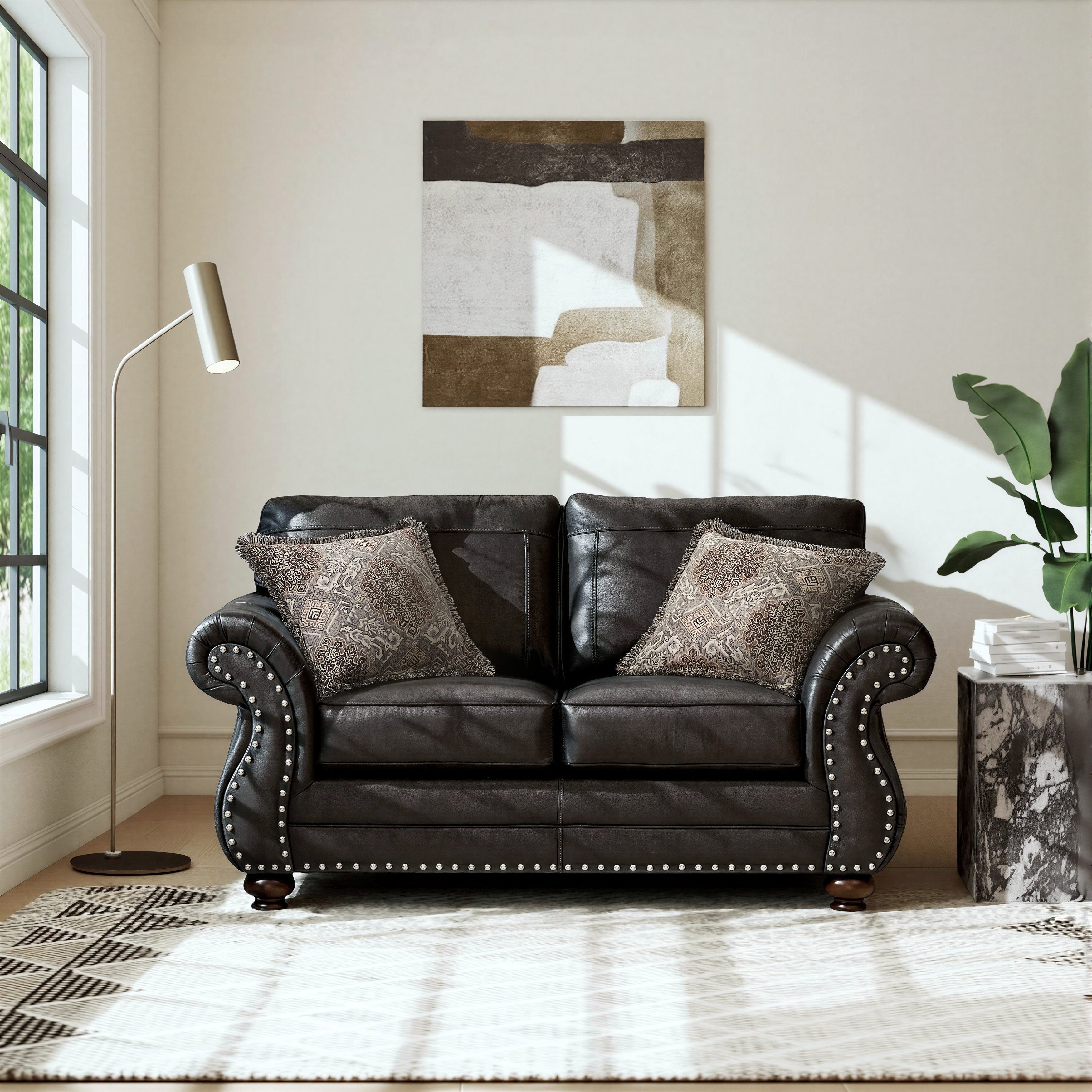 Roundhill Furniture Leinster Faux Leather Upholstered Nailhead Loveseat Black