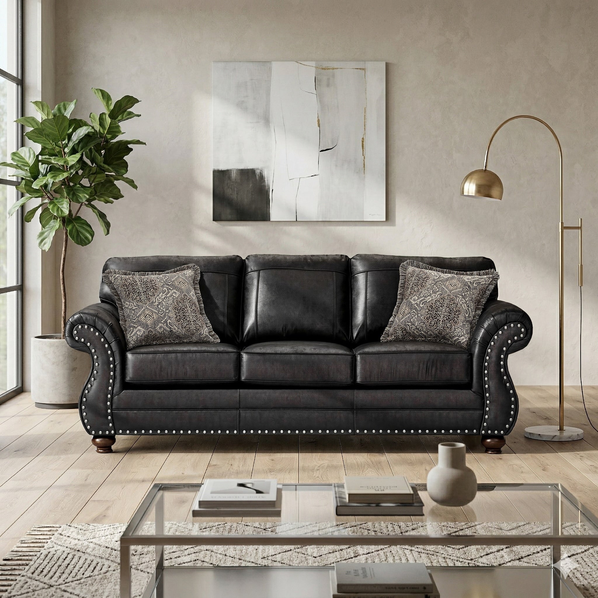 Roundhill Furniture Leinster Faux Leather Upholstered Nailhead Sofa Black