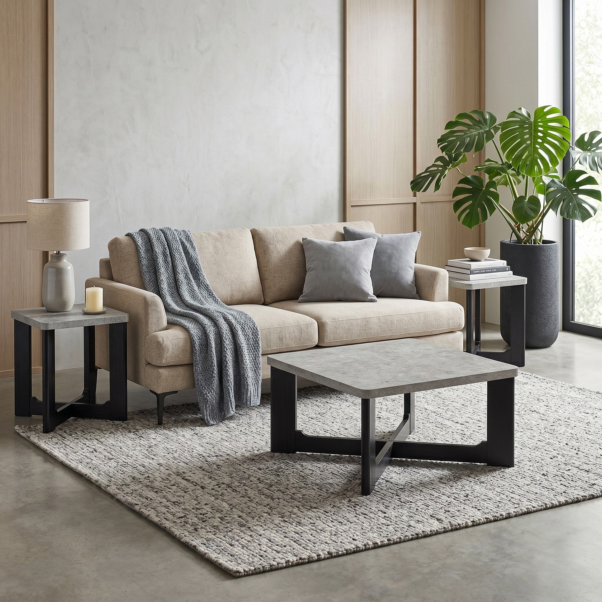 Roundhill Furniture Levitus Modern 3 Piece Square Coffee Table Set Faux Concrete Gray With Black Wood Grain Finish