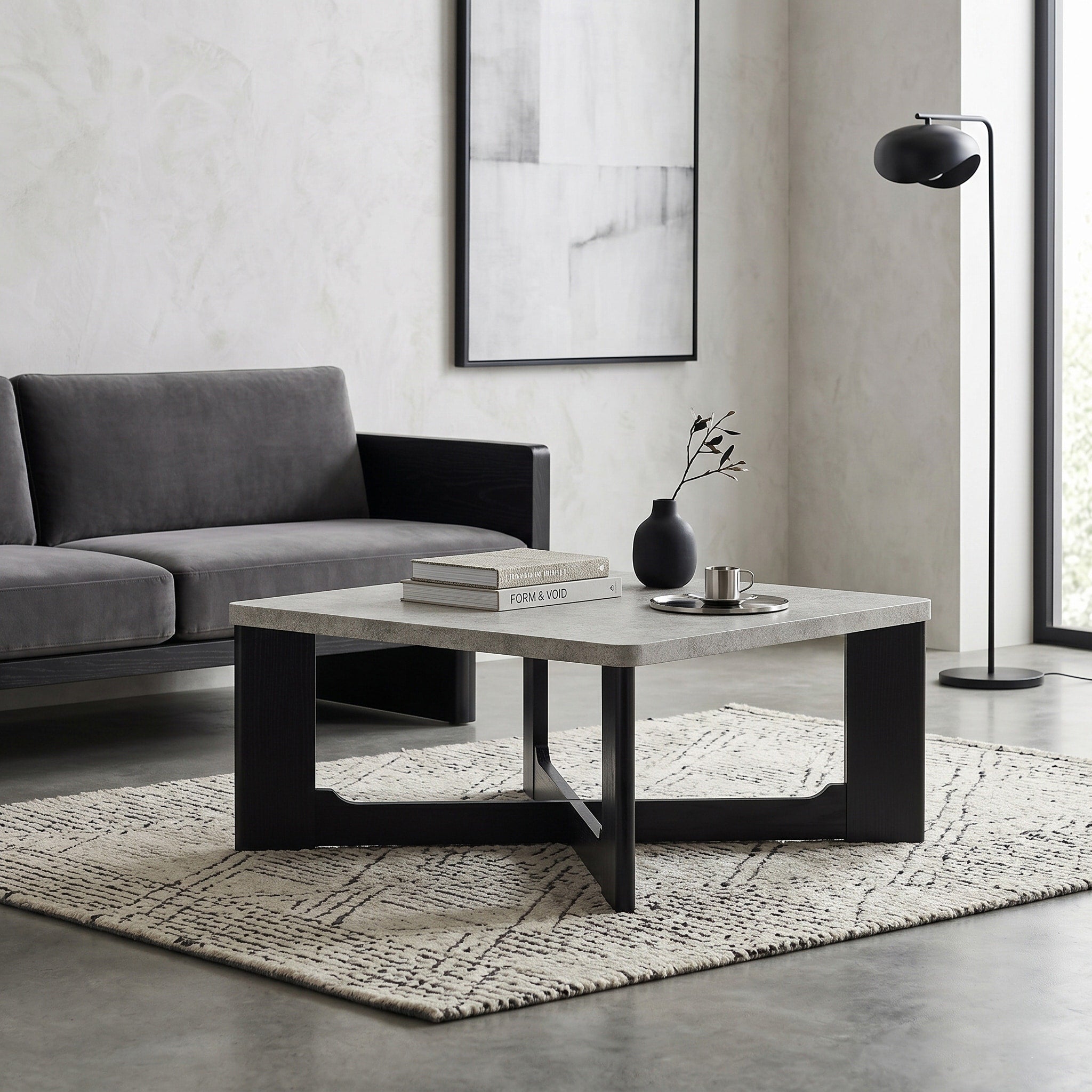 Roundhill Furniture Levitus Modern Square Coffee Table Faux Concrete Gray With Black Wood Grain Finish