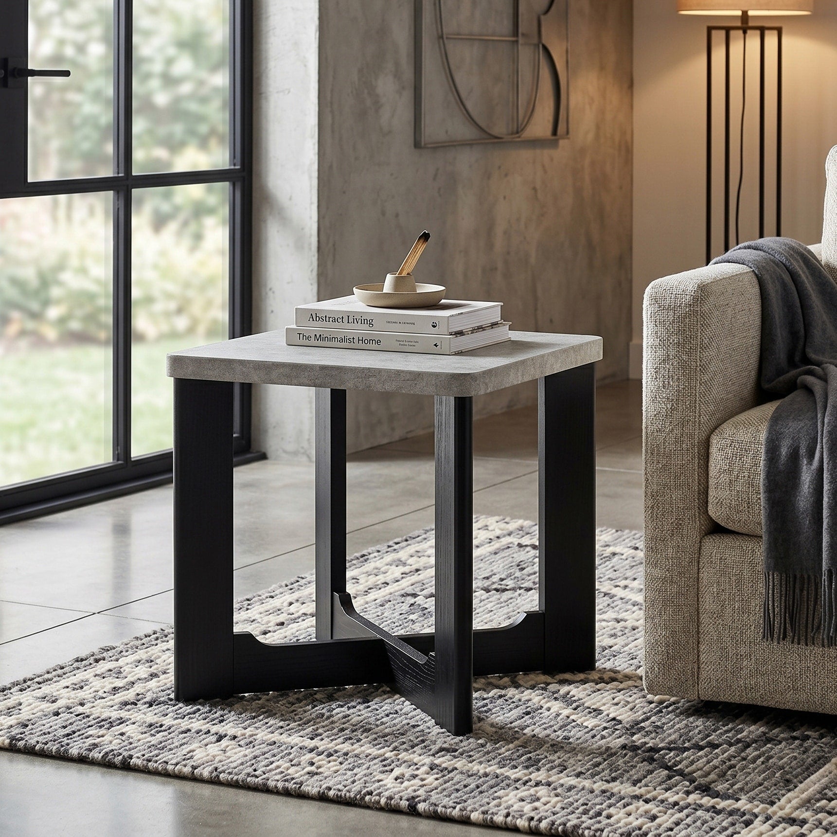 Roundhill Furniture Levitus Modern Square End Table Faux Concrete Gray With Black Wood Grain Finish