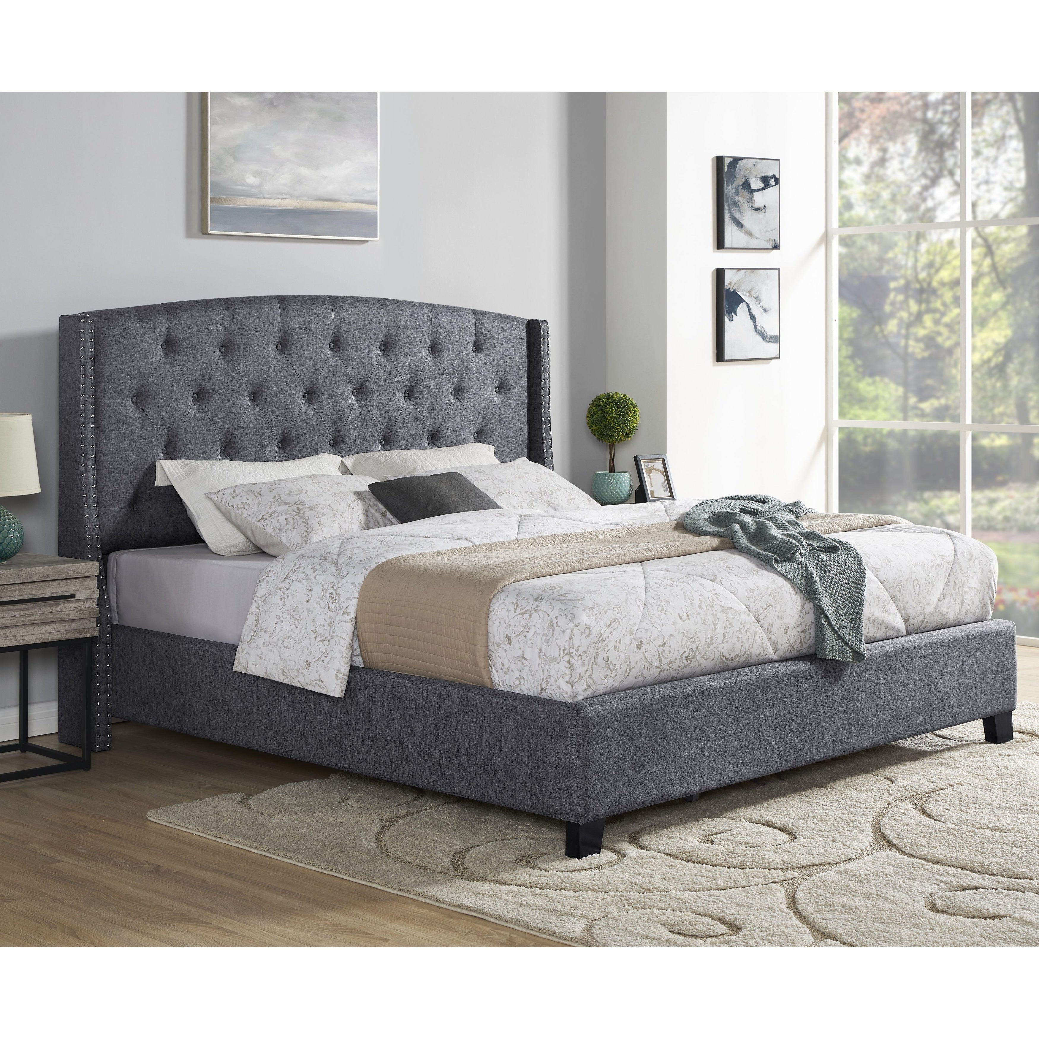 Nantarre Tufted Wingback Upholstered Bed With Nailhead Trim Gray