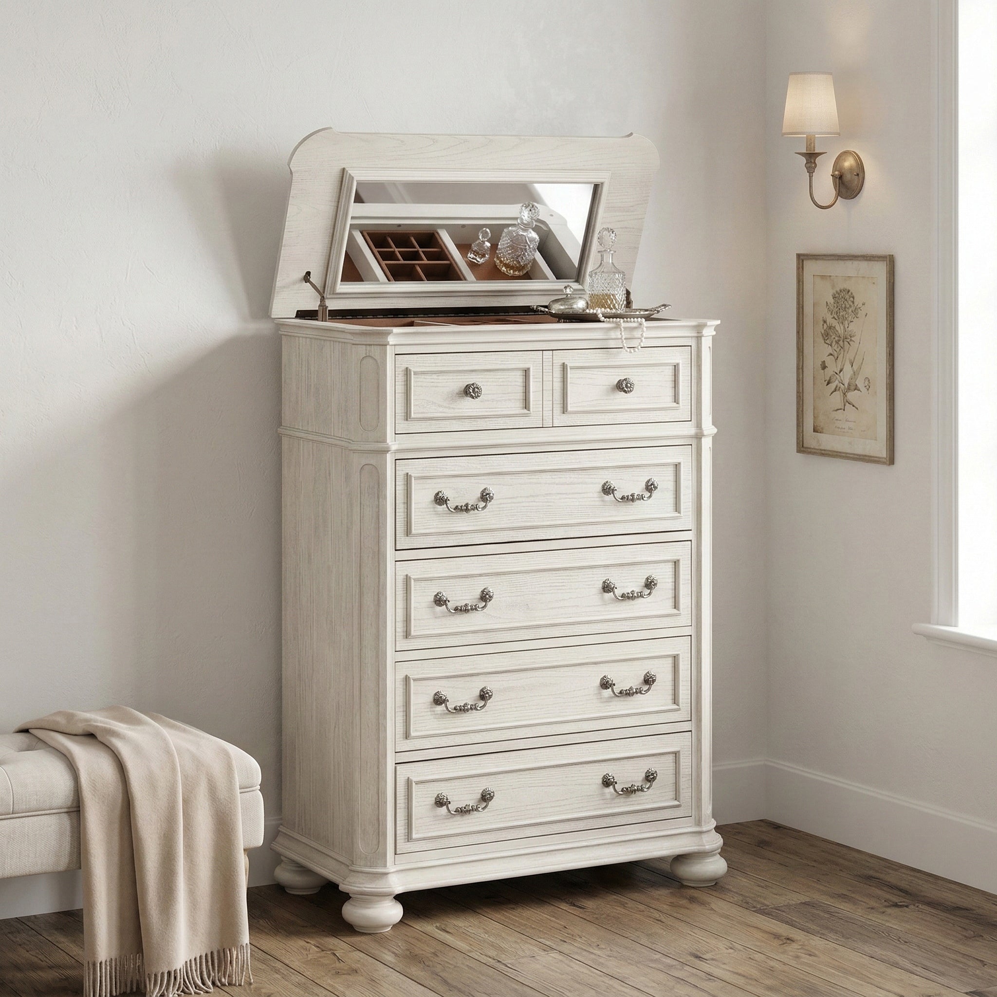 Roundhill Furniture Nelson 5 Drawer Bedroom Chest With Flip Top Antique White