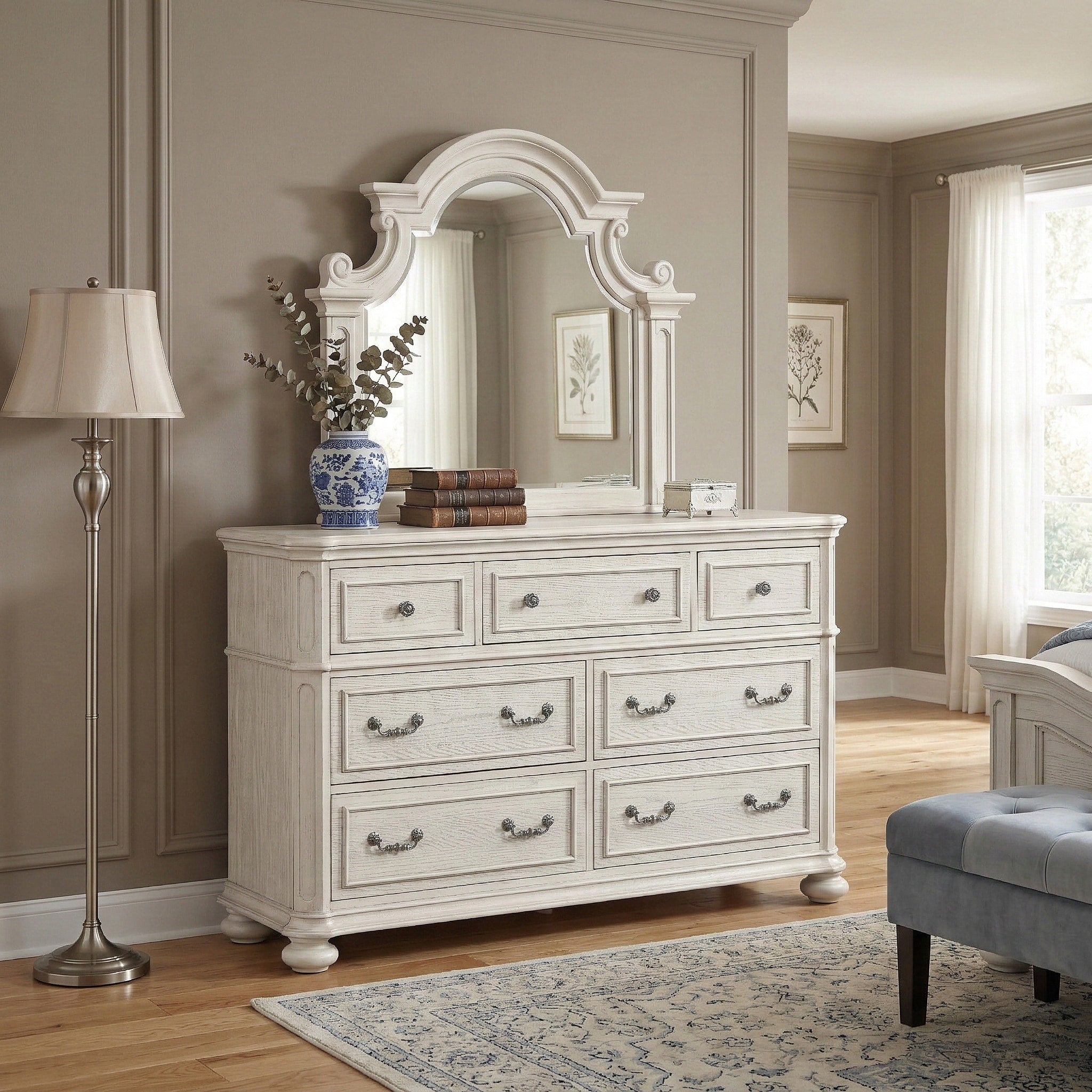 Roundhill Furniture Nelson 7 Drawer Bedroom Dresser With Mirror Antique White