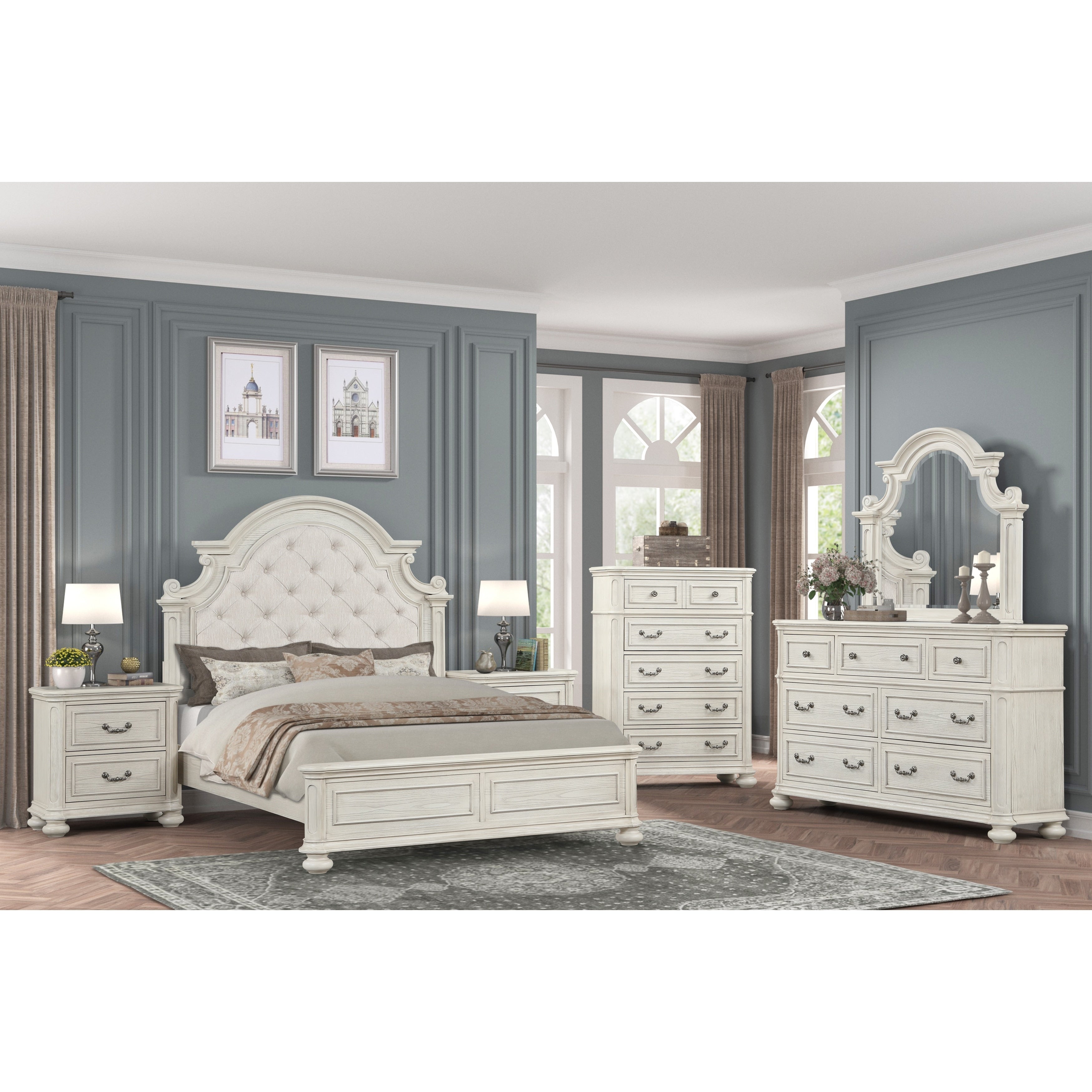 Roundhill Furniture Nelson French Traditional 6 Piece Bedroom Set Antique White