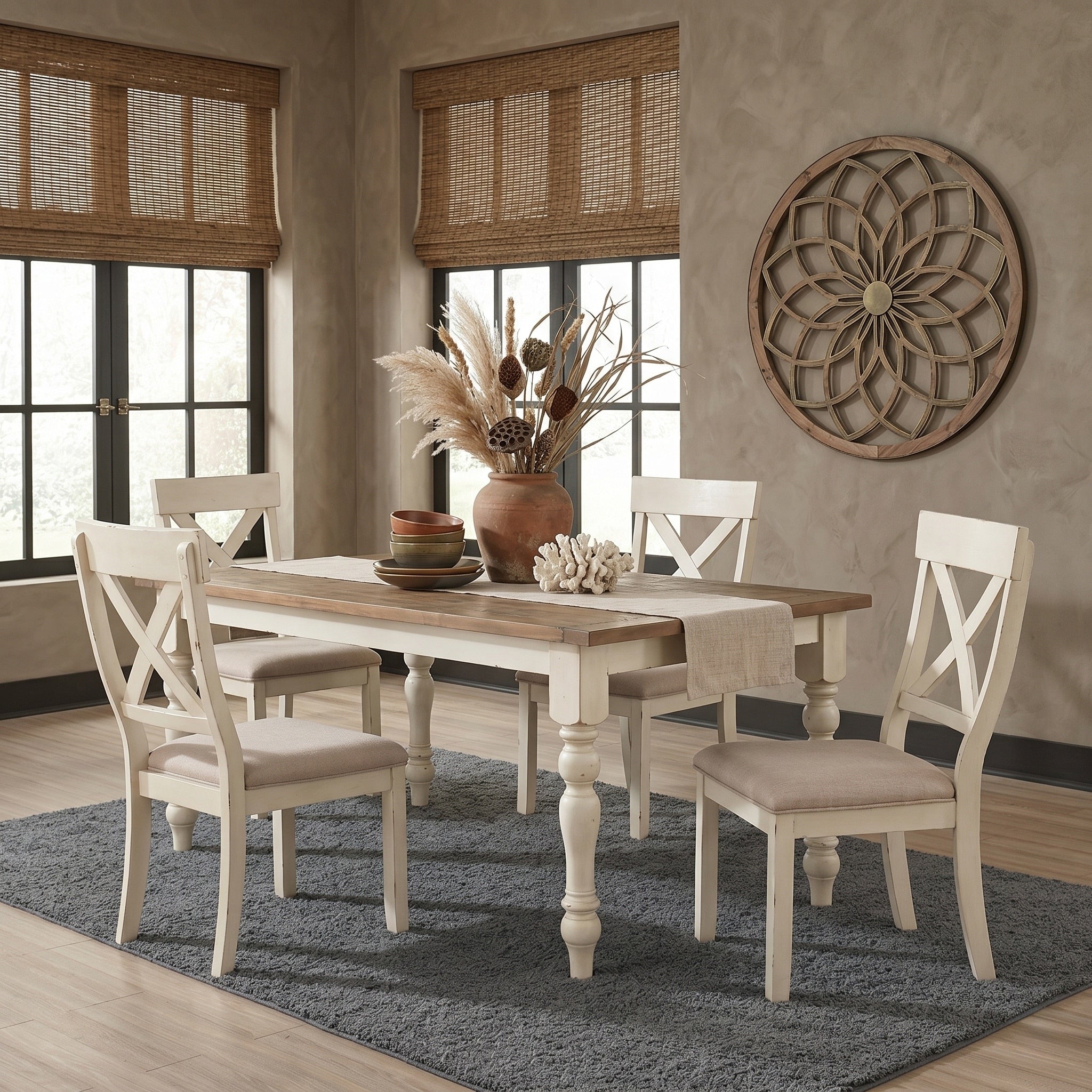 Prato 5 Piece Dining Table Set With Cross Back Chairs Antique White And Distressed Oak