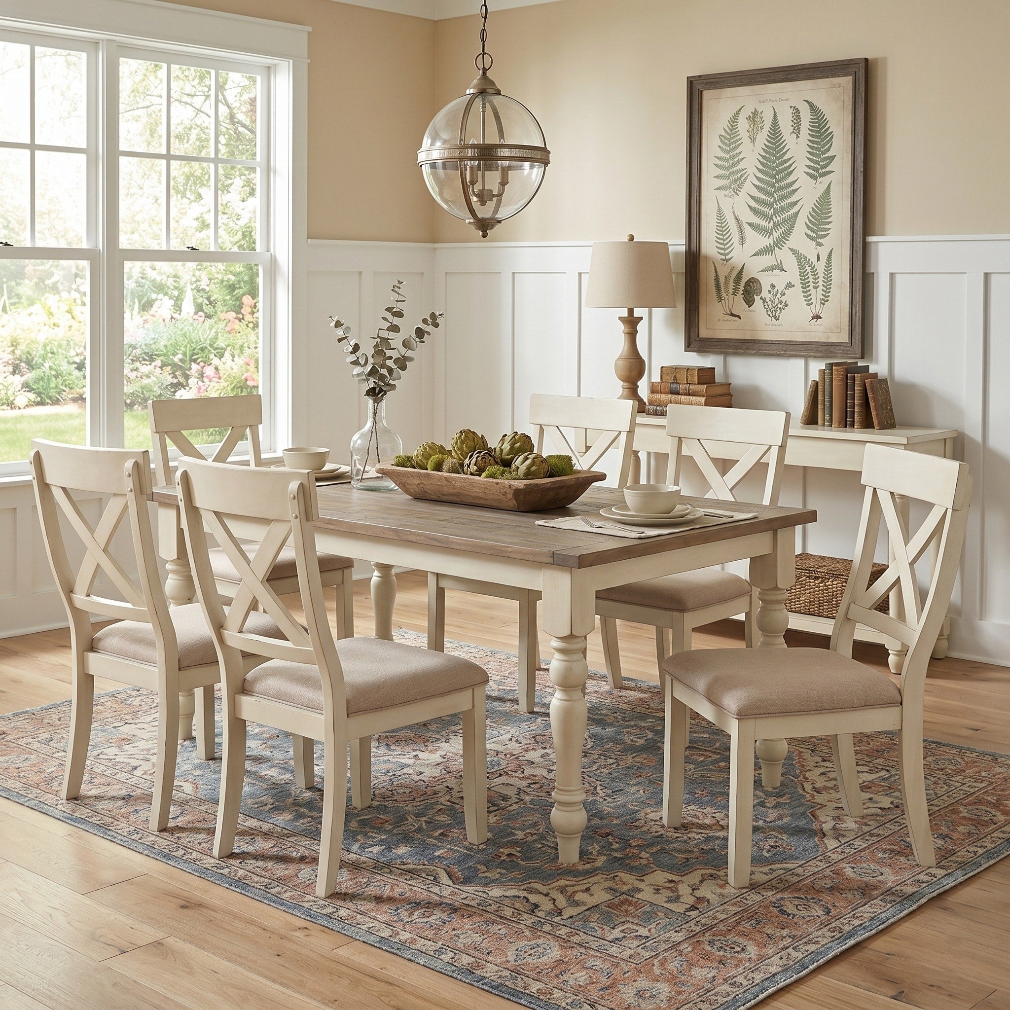 Prato 7 Piece Dining Table Set With Cross Back Chairs Antique White And Distressed Oak