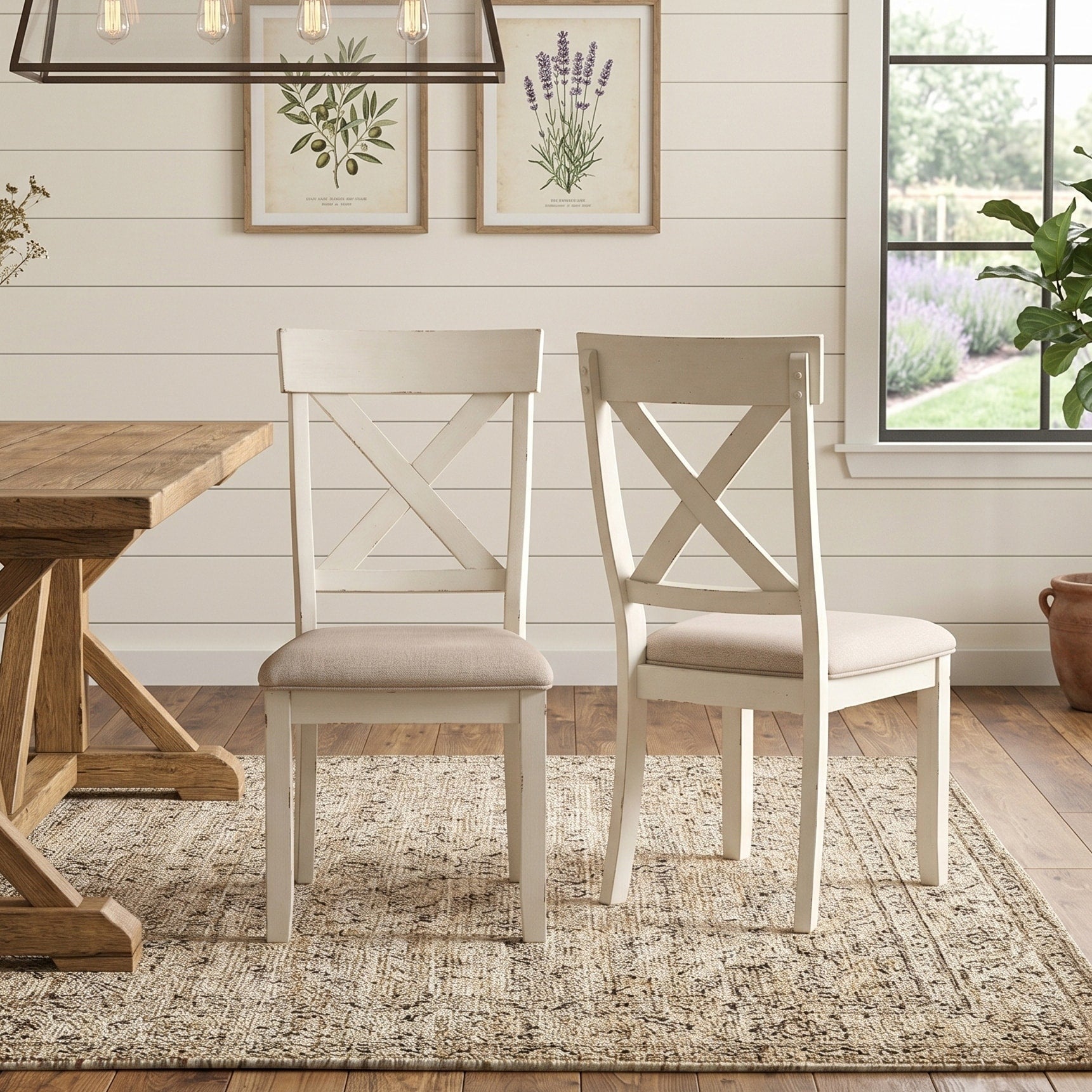 Prato Antique White Wood Cross Back Upholstered Dining Chairs Set Of 2