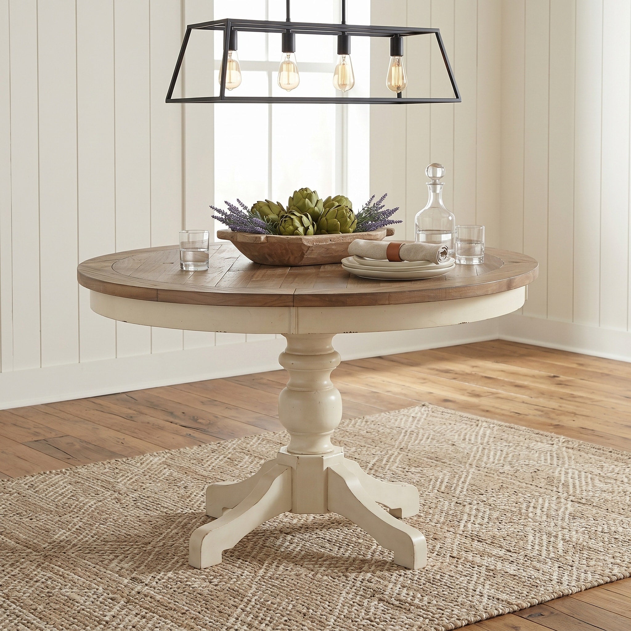 Prato Round Antique White And Distressed Oak Two Tone Finish Wood Dining Table