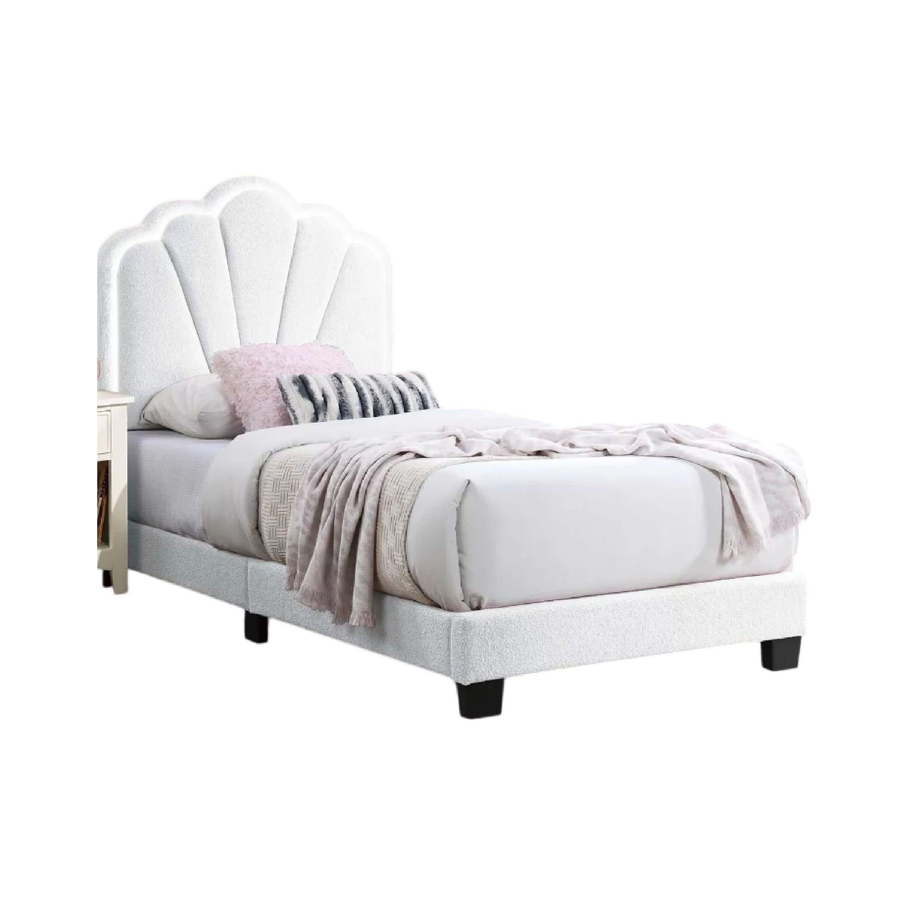 Roxy Twin Bed White Wool Upholstery Led Lighting Padded Headboard